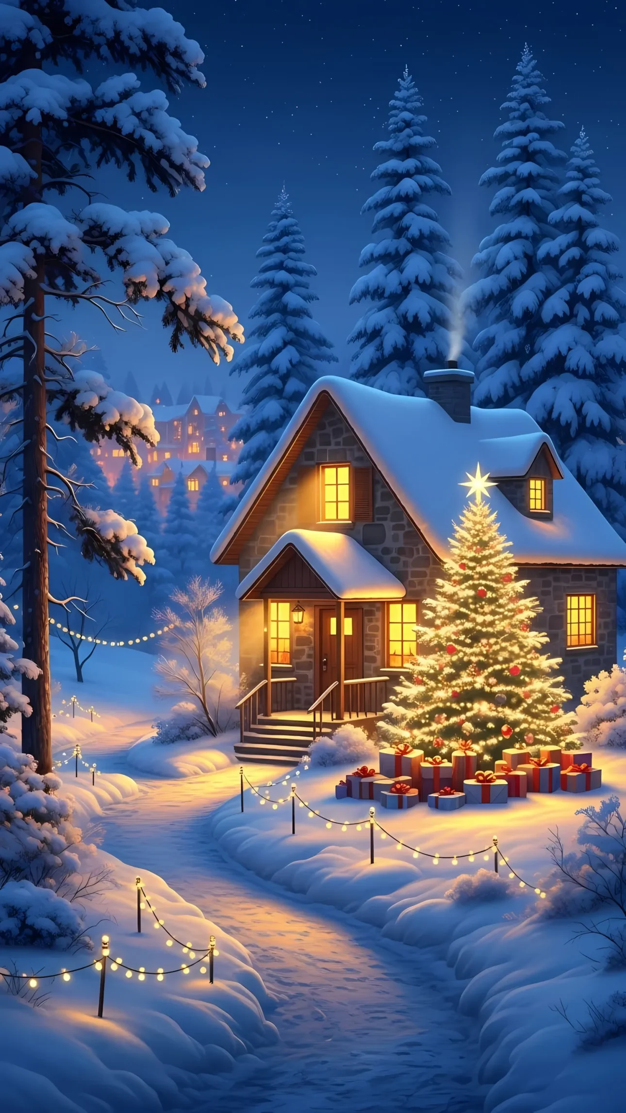Evoke holiday magic with this winter cabin scene, featuring warm lighting and festive decor. Ideal for Christmas cards, seasonal promotions, and winter-themed designs.