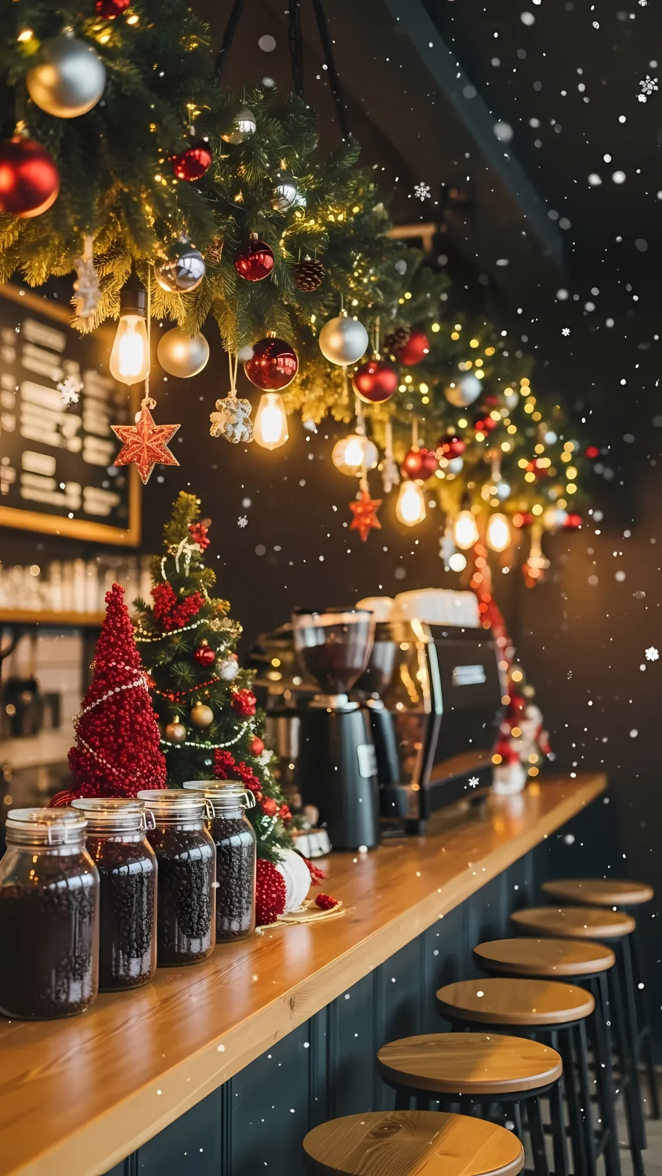 Enhance your holiday designs with this festive coffee shop scene featuring Christmas decorations and snowfall. Ideal for seasonal promotions and cozy winter themes.