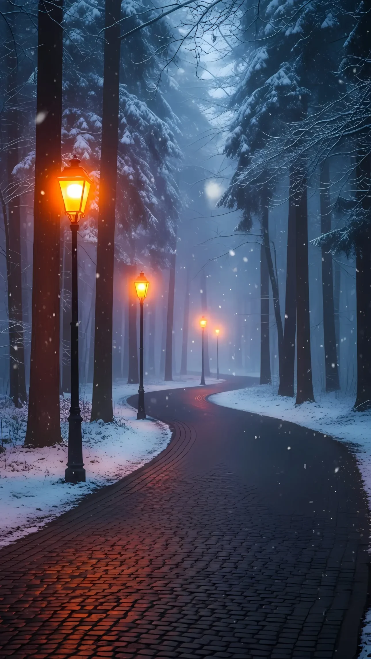 Enhance your designs with this atmospheric forest scene featuring falling snow and glowing lamps. Perfect for seasonal themes and winter moodboards.