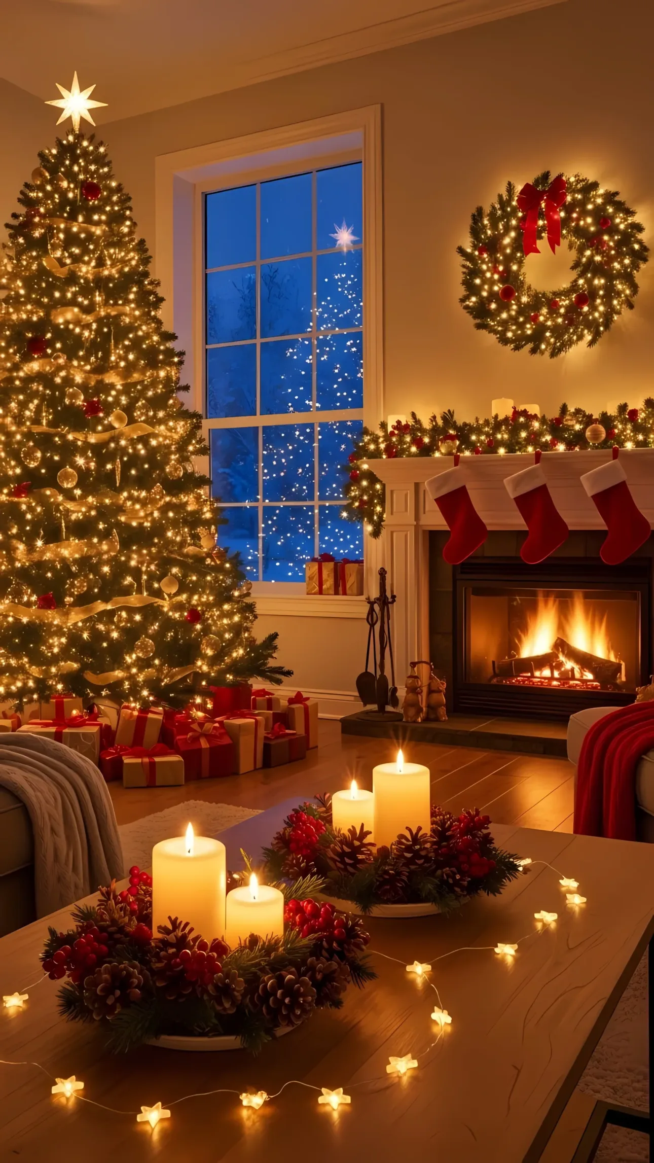 Create a warm Christmas ambience with this cozy living room scene featuring a decorated tree and fireplace. Ideal for seasonal designs and holiday promotions.