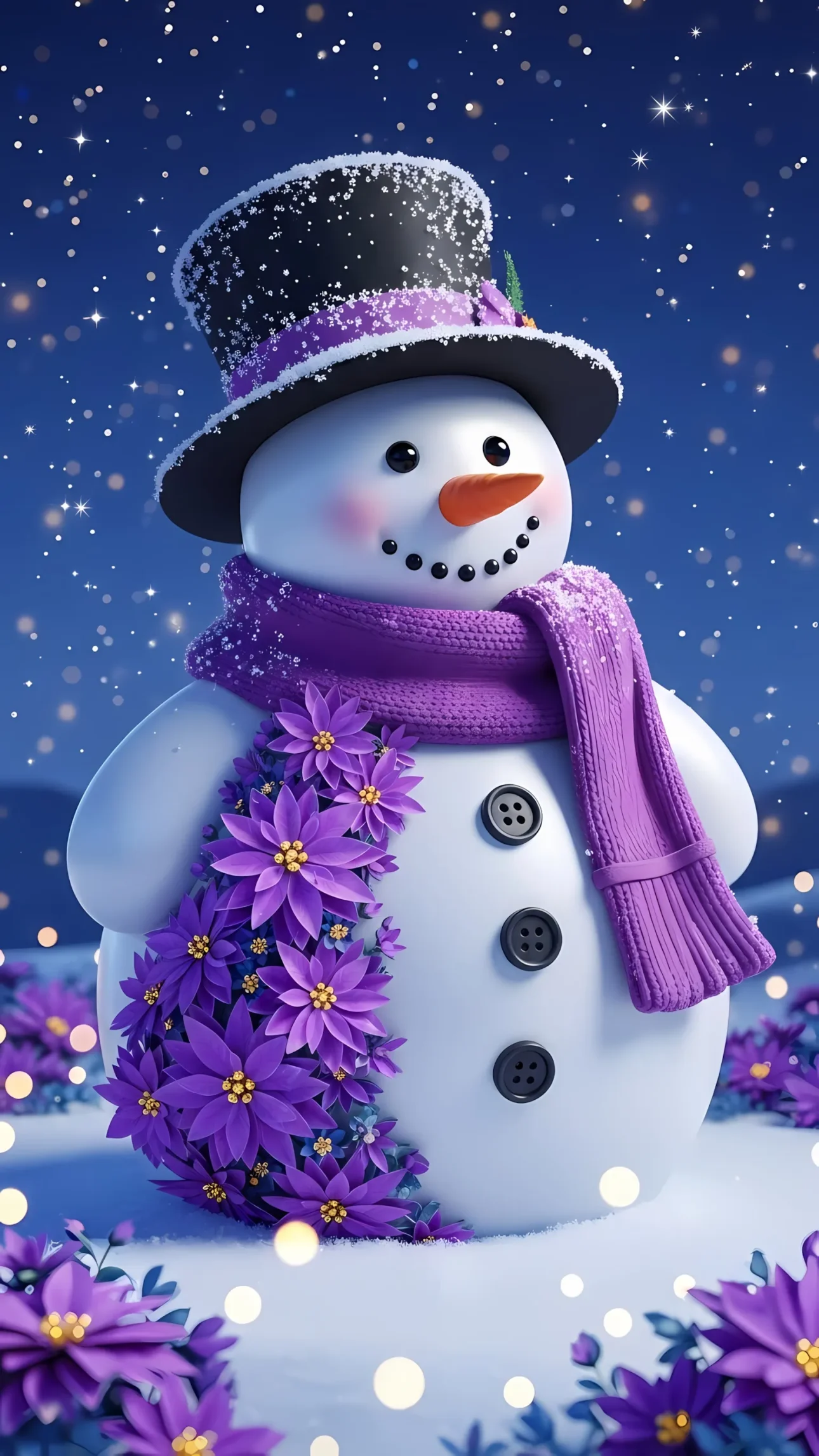 Capture the magic with a charming Snowman illustration, featuring a purple scarf and poinsettias. Ideal for festive designs, adding a joyful touch to your holiday projects.