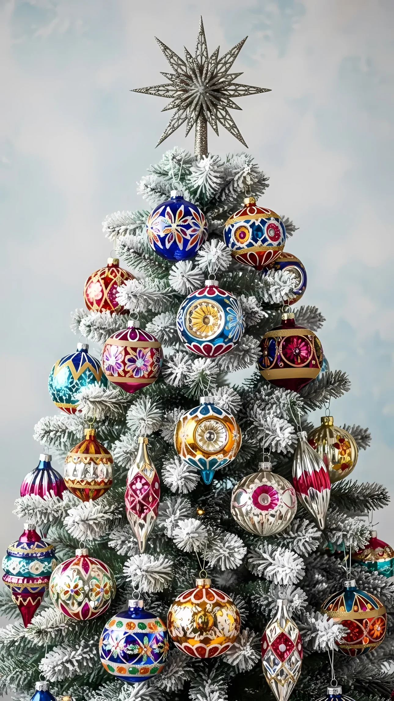 Enhance your holiday designs with this frosted Christmas tree featuring ornate vintage ornaments. A premium asset ready for festive campaigns.