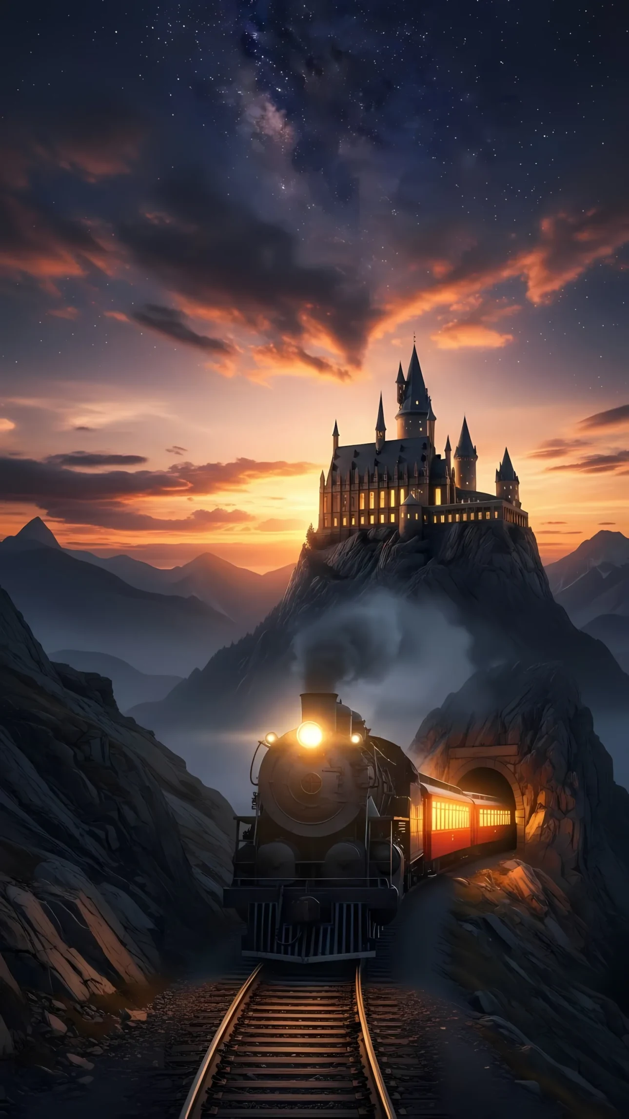 Evoke wonder with this captivating image featuring a steam train headed towards a majestic castle. Ideal for fantasy book covers or whimsical travel campaigns.