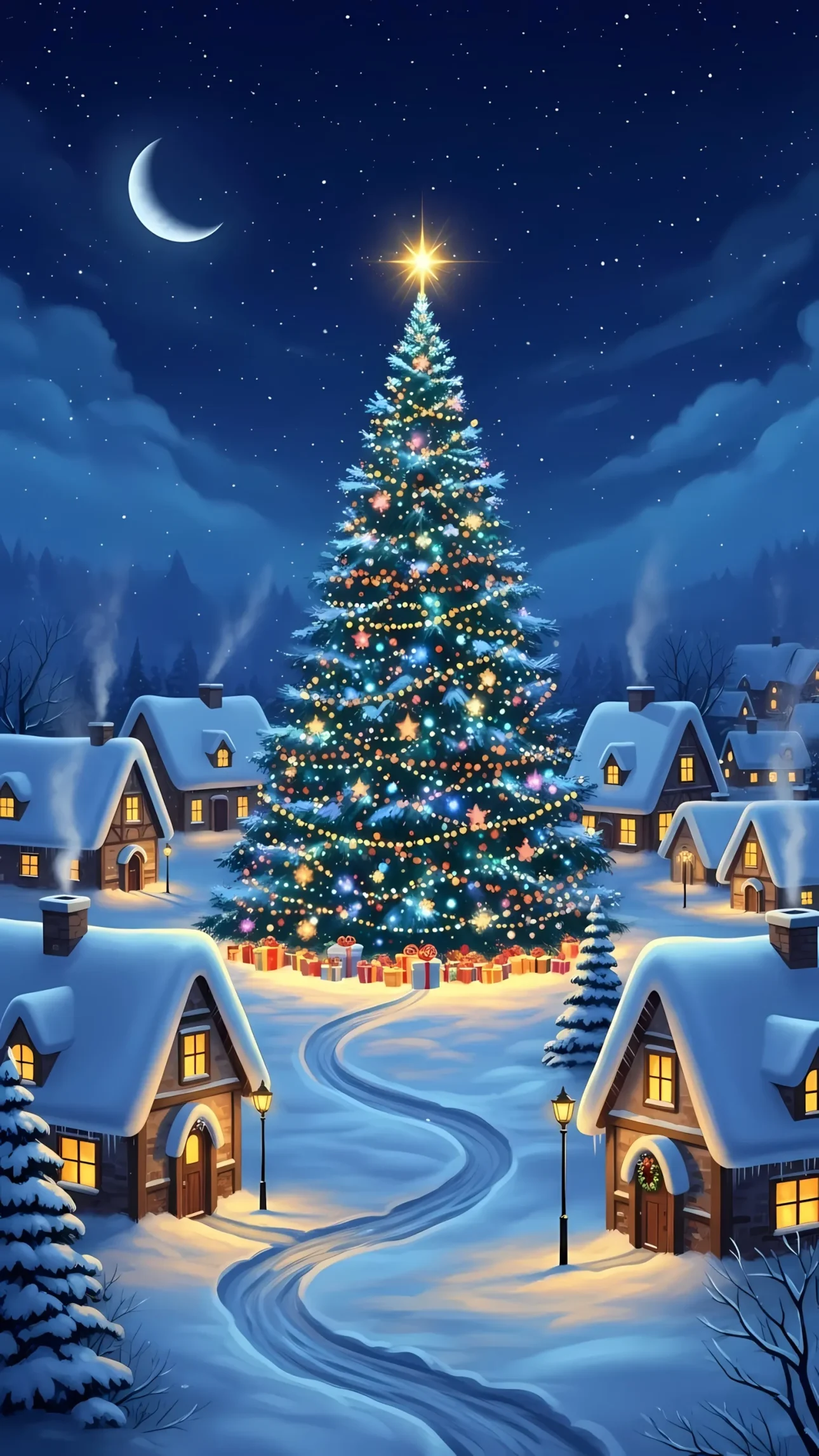 Elevate your winter designs with this charming Christmas village illustration, featuring a brightly lit tree and snow-covered houses. Perfect for high-end branding projects.