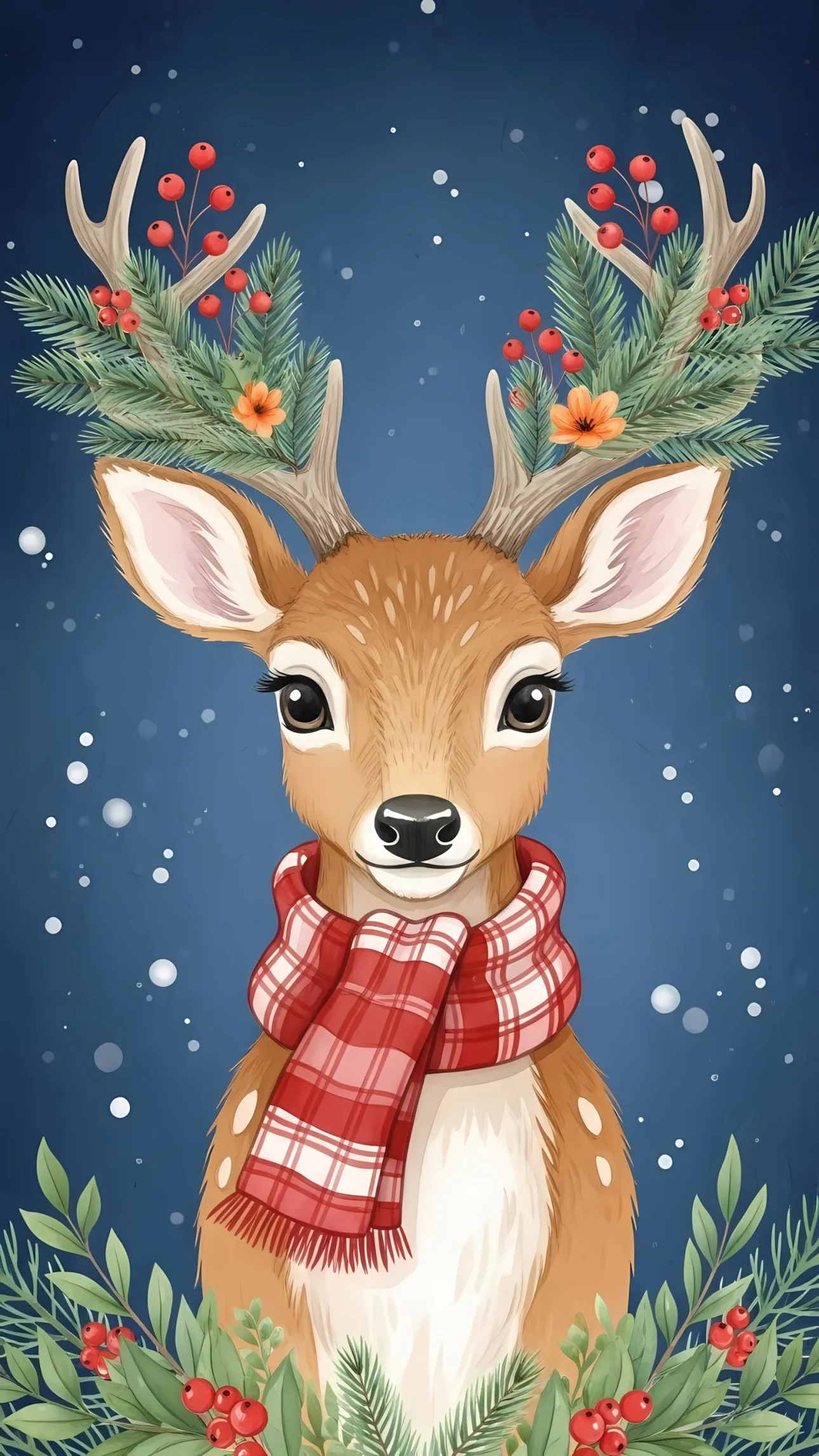 Elevate your holiday designs with this charming deer illustration featuring festive floral antlers and a cozy scarf. Perfect for seasonal greeting cards.