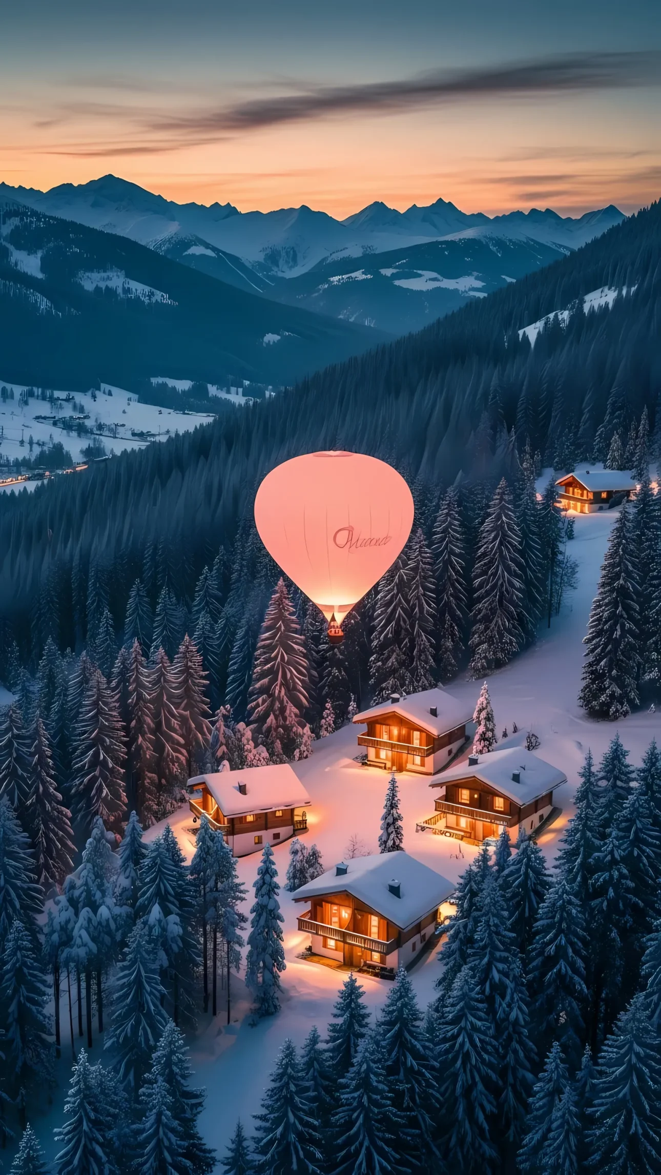 Capture the magic with this serene mountain scene featuring a glowing balloon and cozy cabins. Ideal digital graphic for winter promotions and luxury travel brochures.