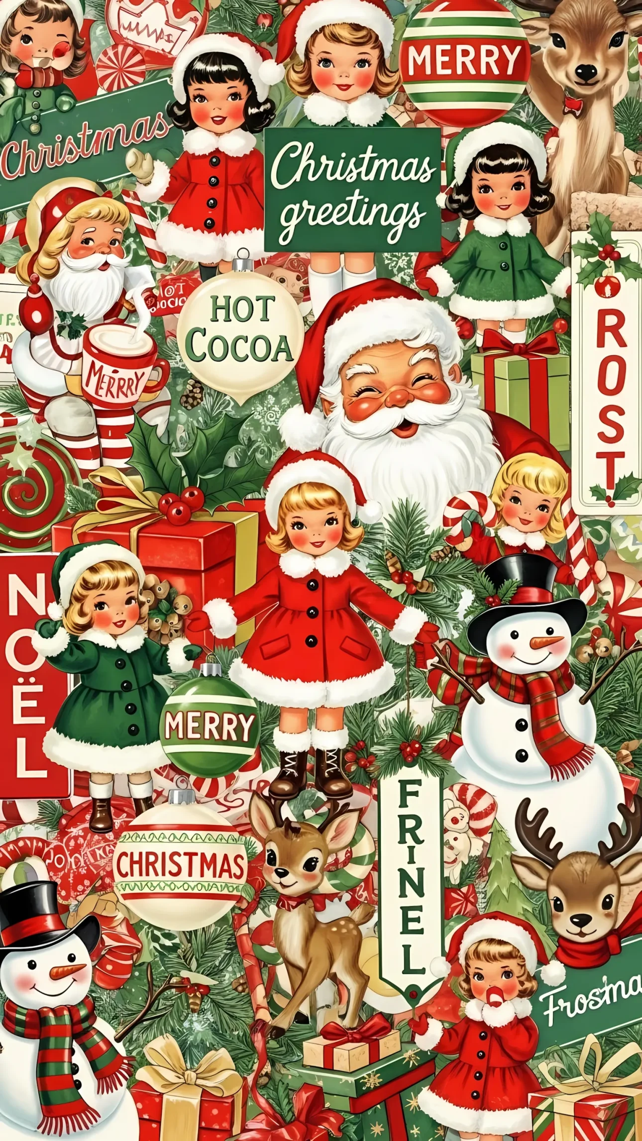 Elevate your holiday designs with this retro Christmas collage, showcasing classic characters and festive elements. Perfect for nostalgic seasonal projects.