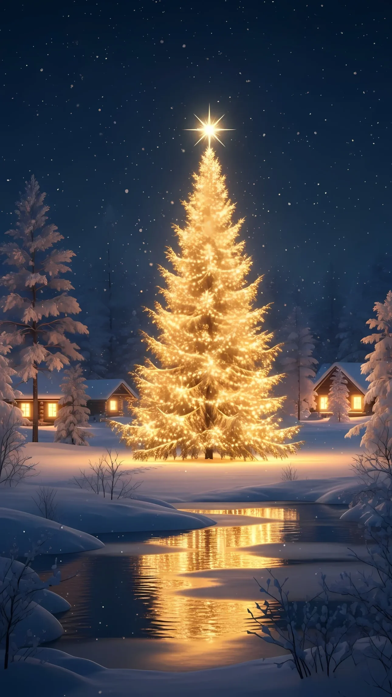 Enhance your holiday projects with this glowing Christmas tree in a serene winter landscape, perfect for capturing the magic of the season for your next creative project.