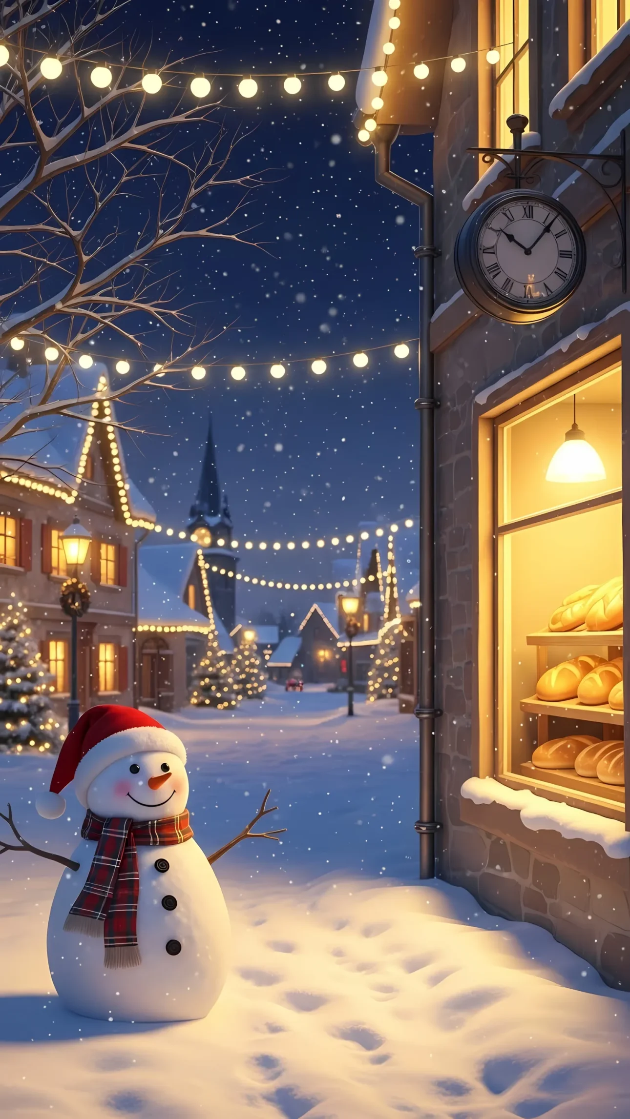 Evoke holiday cheer with this snowy townscape illustration, depicting a cheerful snowman. Ideal for Christmas cards and winter-themed projects, offering a classic, heartwarming feel.