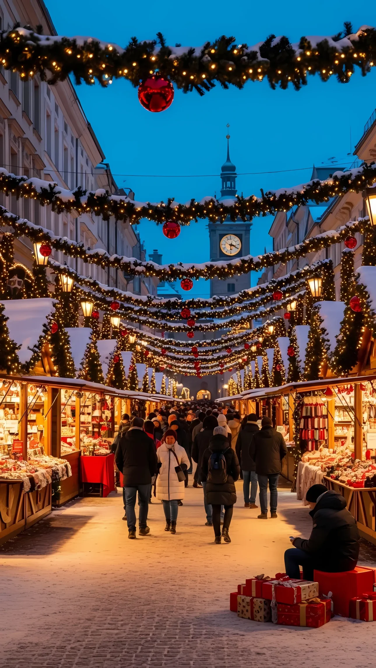 Experience the magic of a Christmas market! Enhance your projects with this evocative scene, perfect for holiday promotions and winter season designs. A premium design asset.