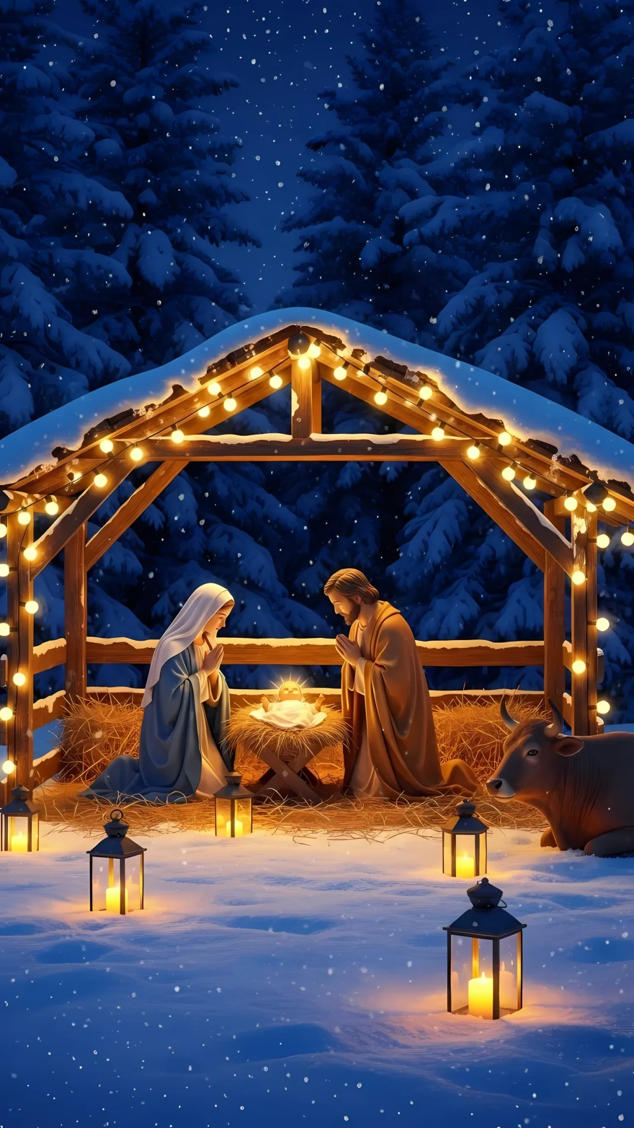 Celebrate the Christmas story with this serene Nativity scene featuring Mary, Joseph, and baby Jesus. Perfect for festive holiday designs and seasonal projects.