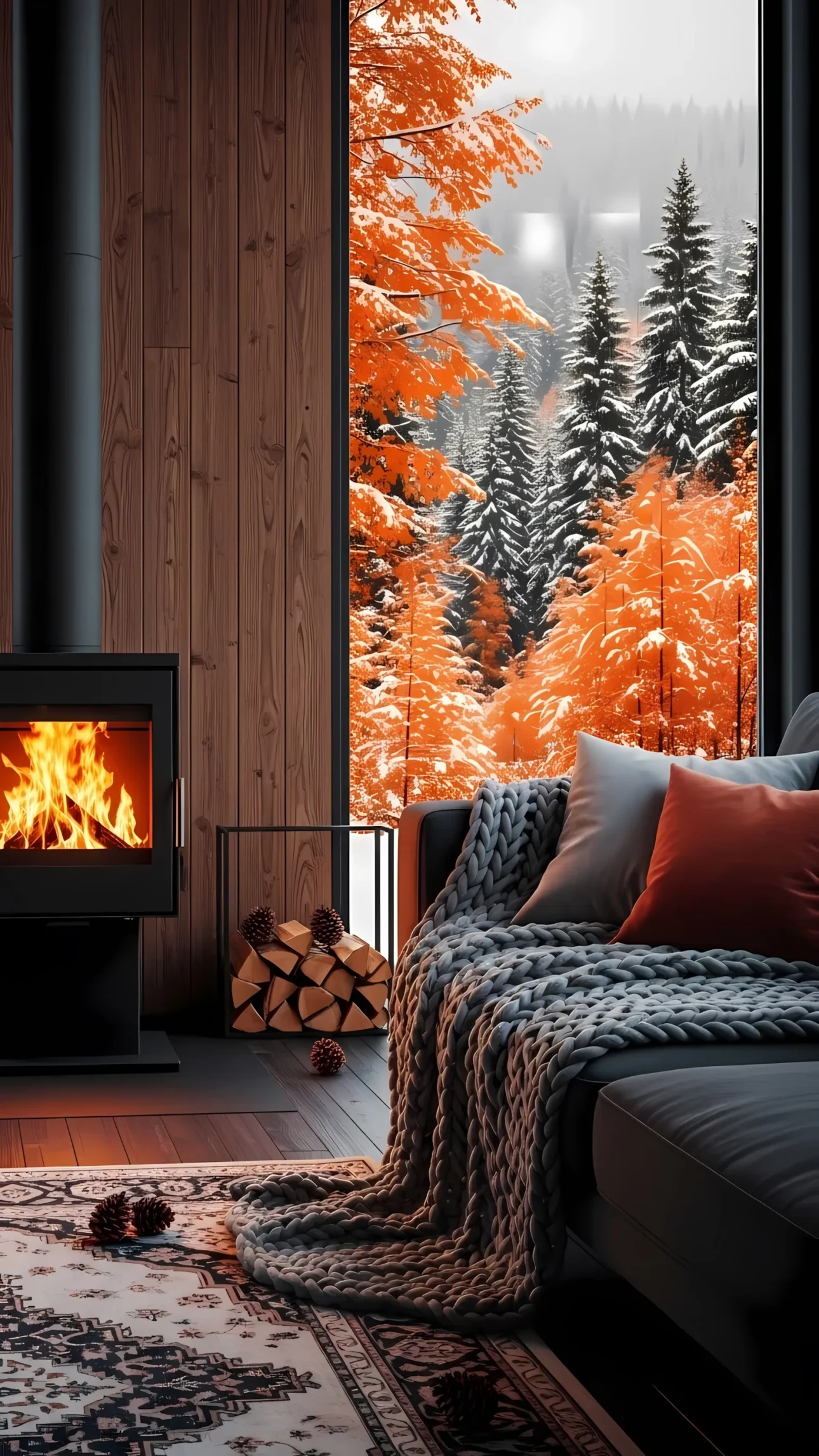 Enhance your designs with this cozy living room scene featuring a warm fireplace and stunning snowy forest view. Perfect for seasonal campaigns.