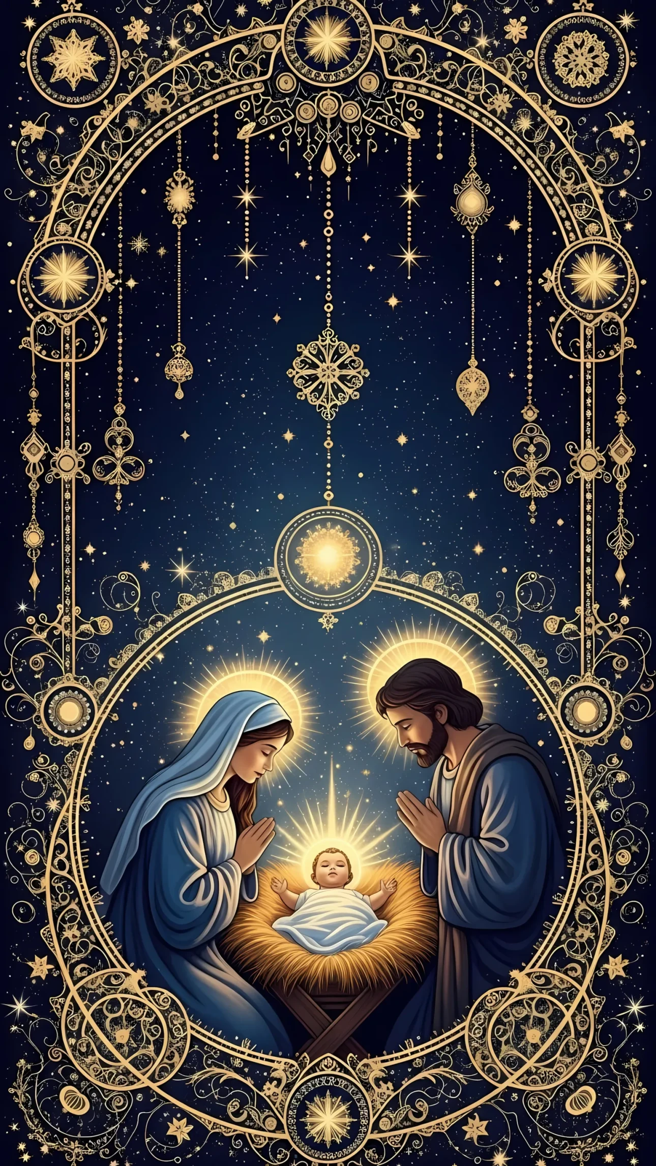 Showcase the beauty of faith with this scalable illustration of the Nativity scene featuring Mary, Joseph, and baby Jesus. Perfect for high-end holiday designs.