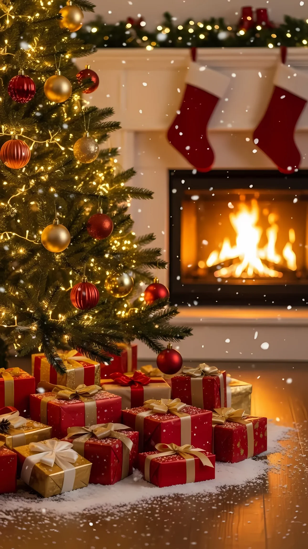 Create heartwarming Christmas visuals with this cozy scene featuring a decorated tree and fireplace. Perfect for holiday promotions and festive greeting cards.