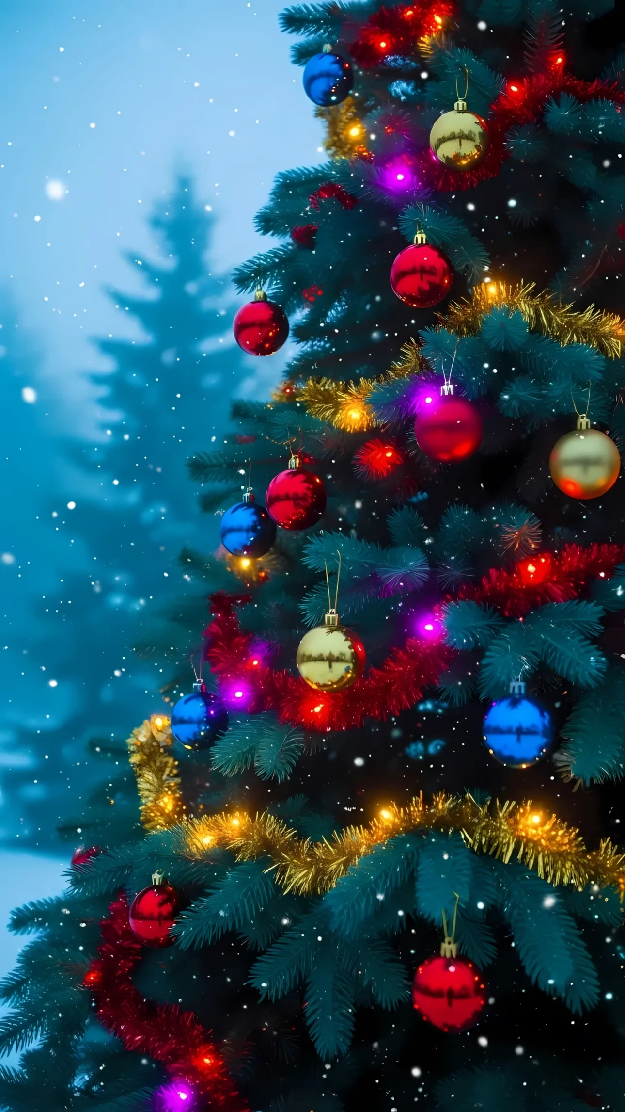 Elevate your designs with this beautiful Christmas tree featuring vibrant ornaments and soft snowfall. Perfect for festive social media campaigns.