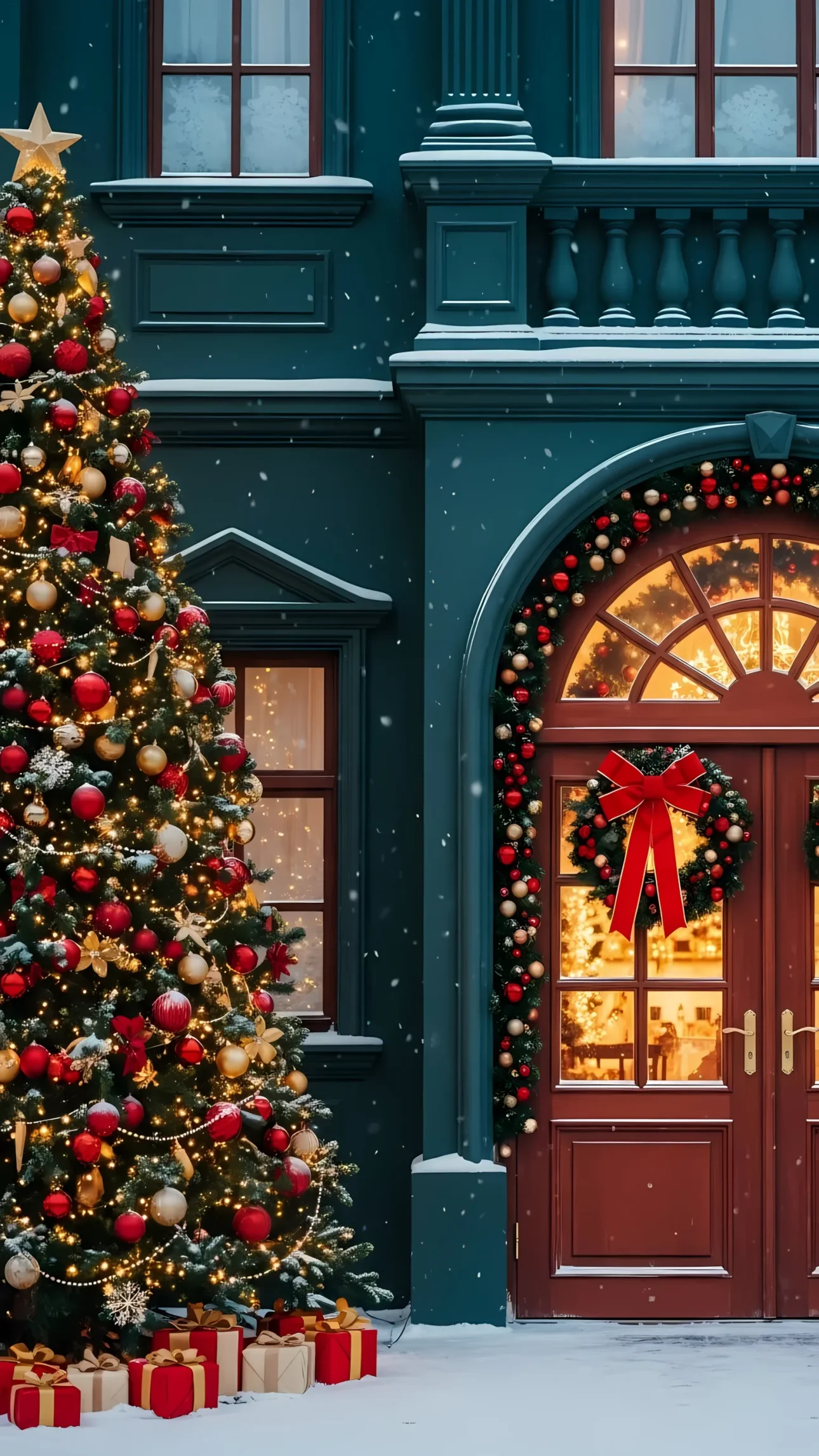 Capture holiday magic with this festive Christmas scene featuring a decorated tree and snow-covered building. Ideal for creating heartwarming seasonal designs.