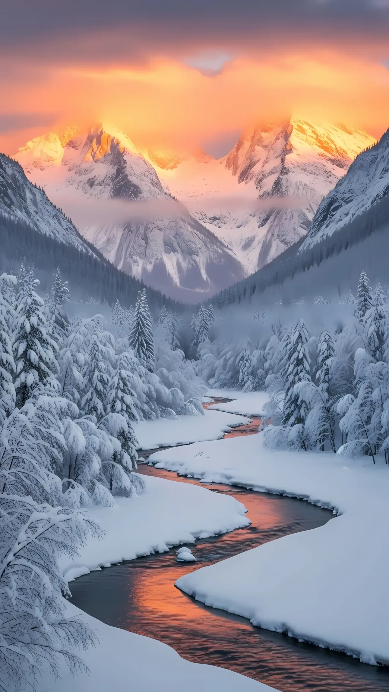 Elevate your designs with this breathtaking winter landscape featuring snow-capped mountains and a river mirroring the sunset. Perfect for high-impact visuals.