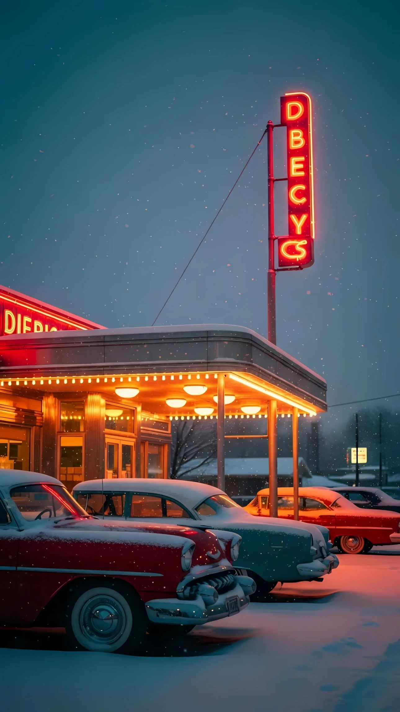 Showcase vintage Americana with classic cars outside a glowing diner. Perfect for historical projects, retro designs, or cinematic storytelling in a winter setting.