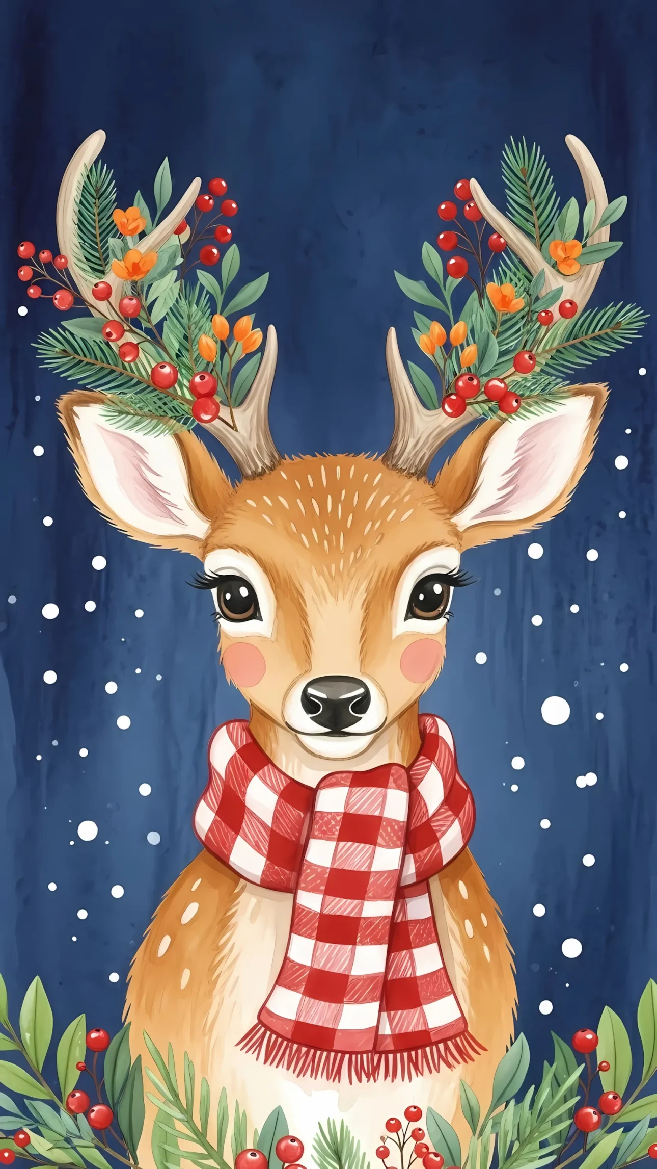 Enhance your seasonal projects with this charming watercolor deer illustration, styled with festive florals and winter accents. Perfect for holiday greeting cards.