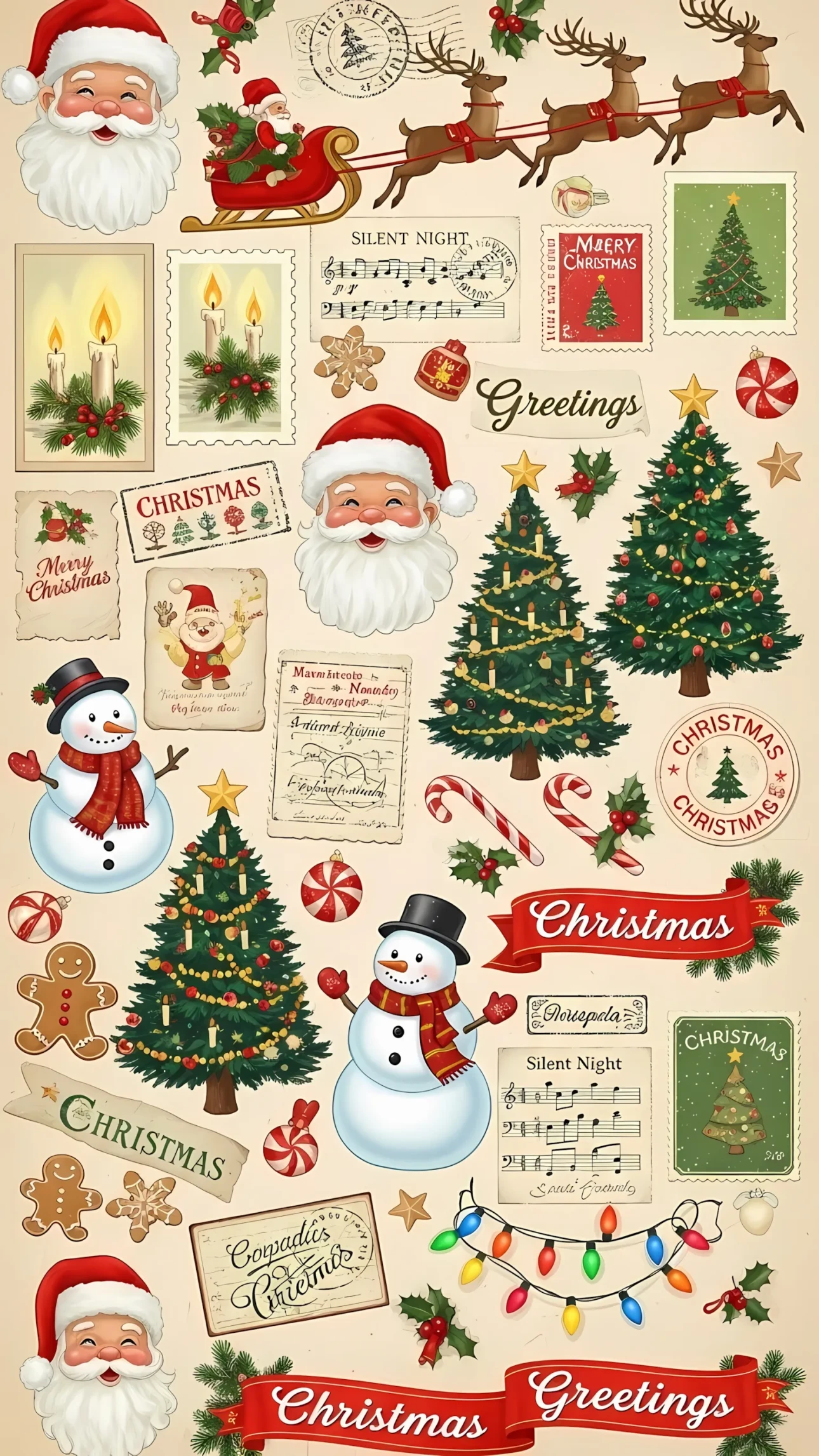 Elevate your Christmas designs with this whimsical scrapbook-styled illustration featuring festive elements, perfect for premium holiday cards and digital art projects.