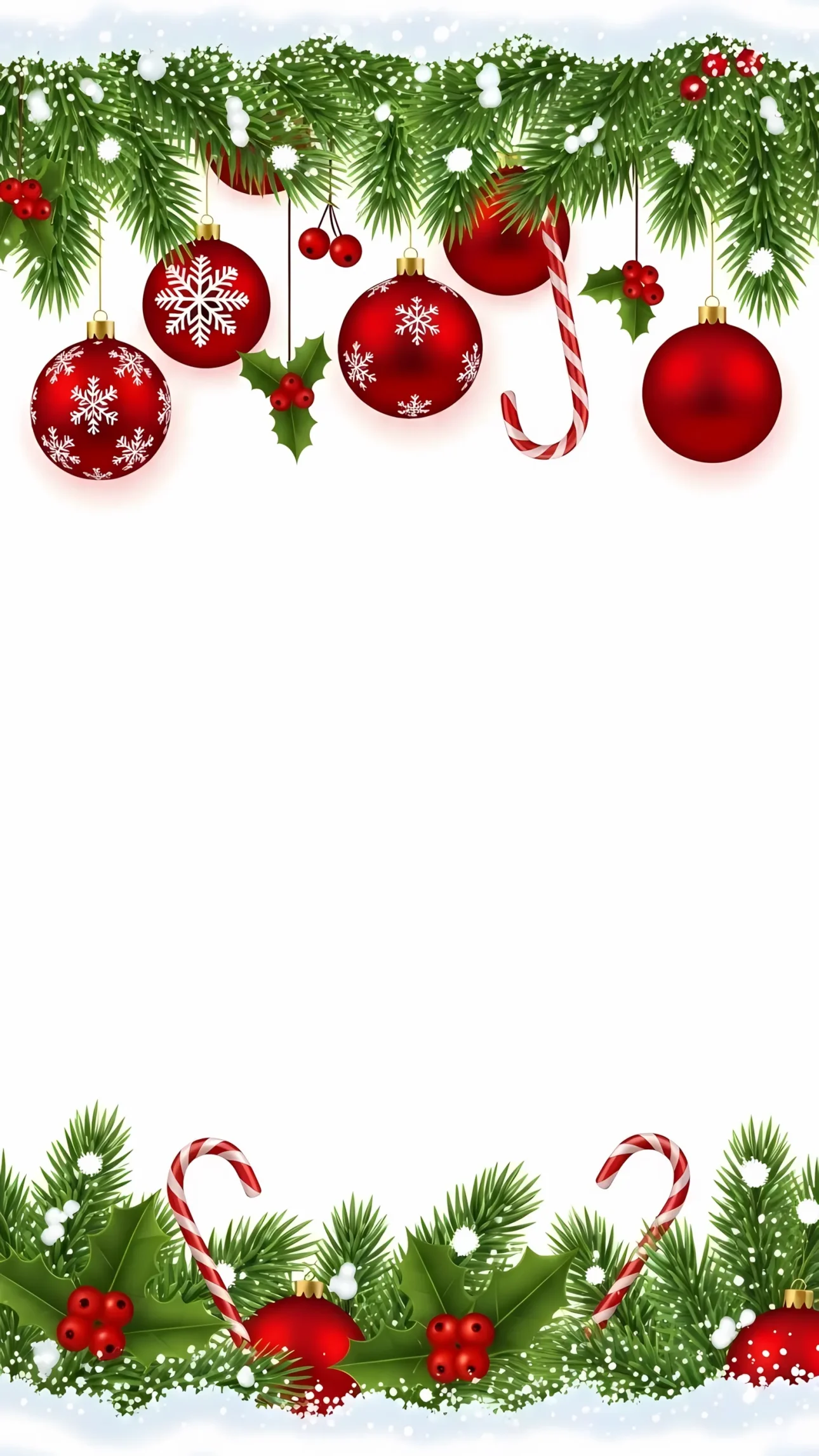 Elevate your holiday designs with this vibrant Christmas frame featuring classic ornaments and pine branches. Perfect for greeting cards and seasonal promotions.