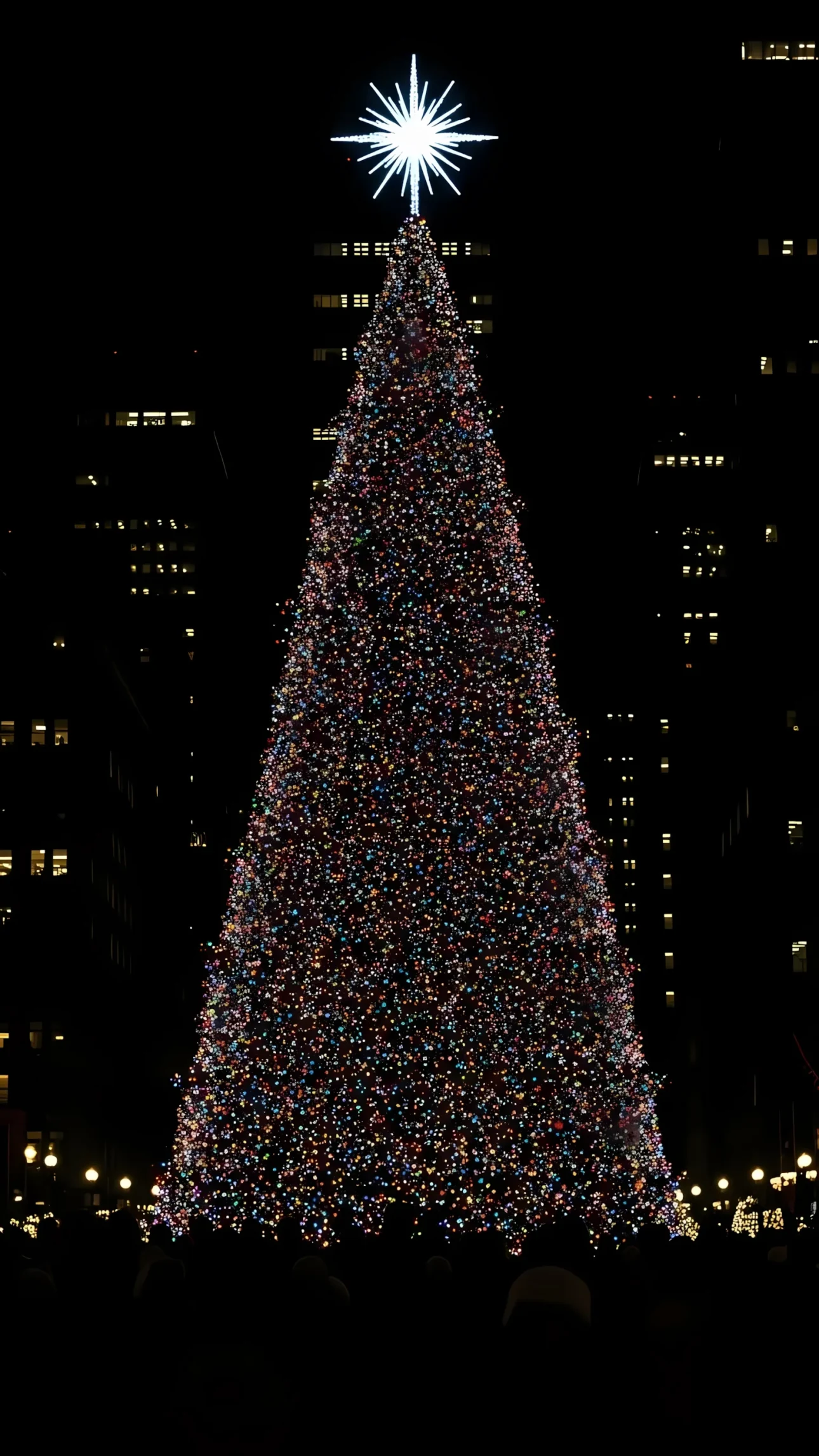 Showcase holiday magic with this scene of a Christmas tree and city lights. Perfect for seasonal campaigns, enhancing brand storytelling, ready for commercial use.