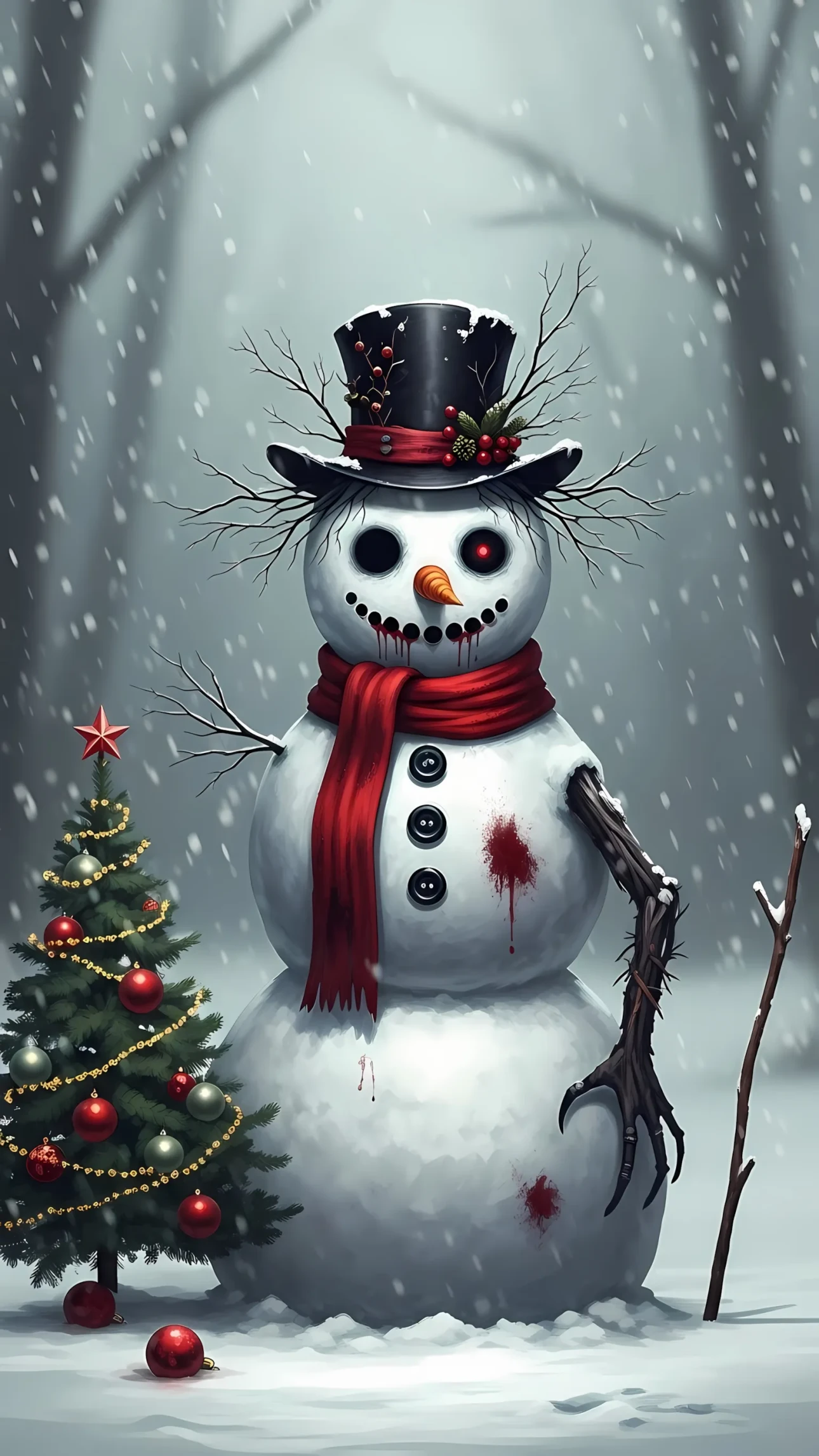 Elevate your scary Christmas designs with this eerie snowman illustration in a snowy backdrop. Perfect for dark holiday themes ready for premium commercial use.
