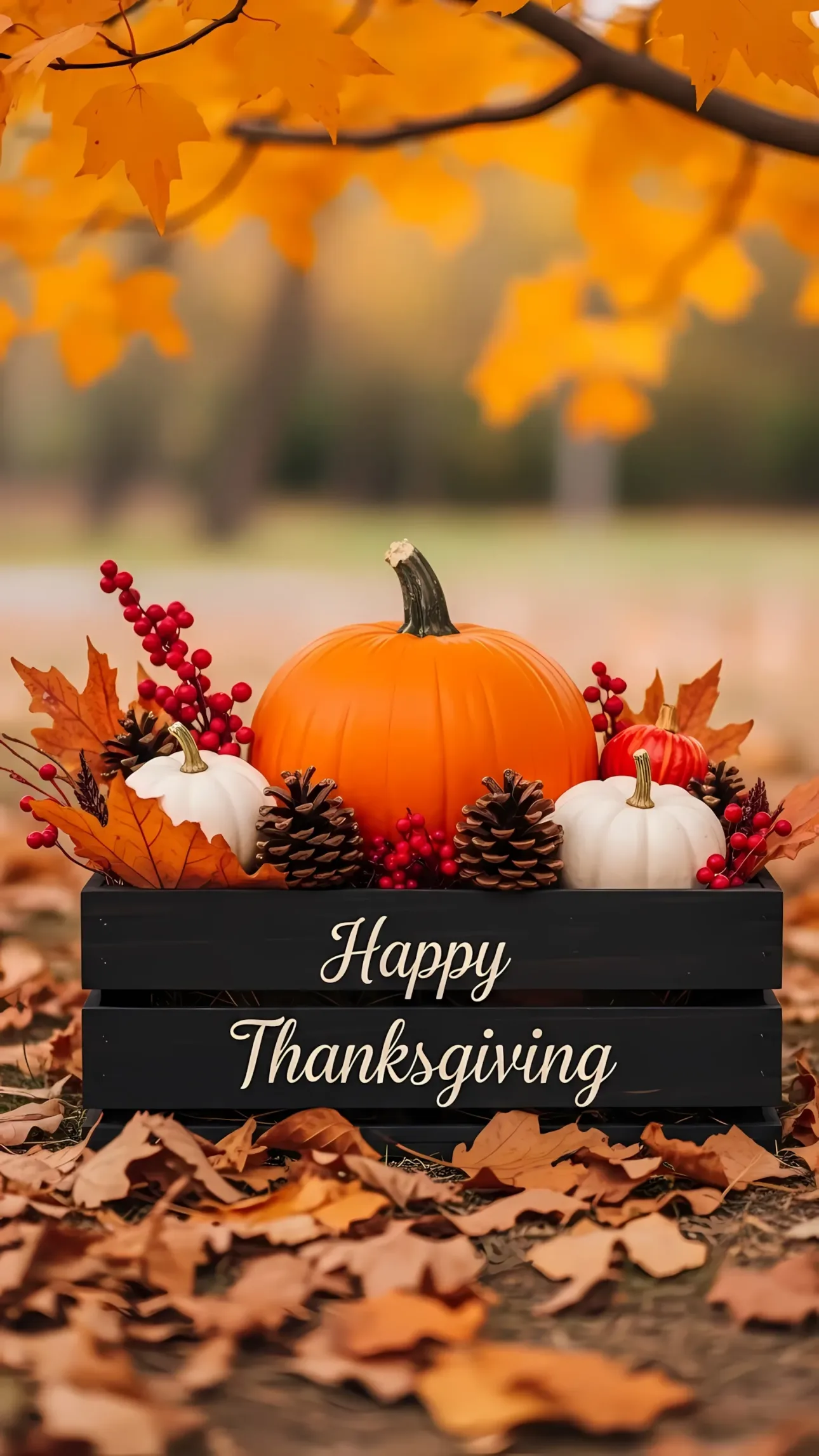 Elevate your Thanksgiving designs with this seasonal still life featuring pumpkins, pinecones, and autumn leaves in a charming display. Perfect for harvest-themed promotions.