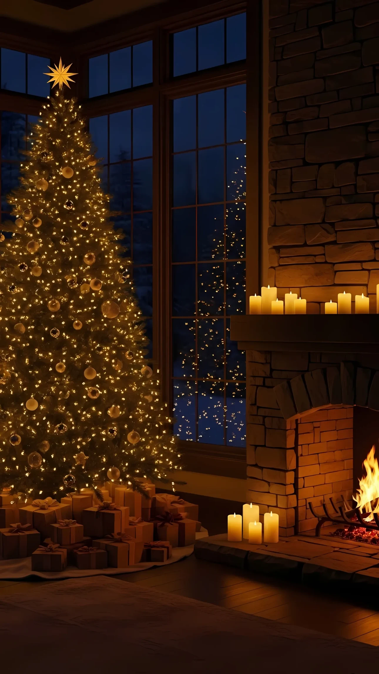 Elevate your designs with this cozy Christmas scene featuring a decorated tree and warm fireplace. Perfect for holiday promotions and seasonal campaigns.