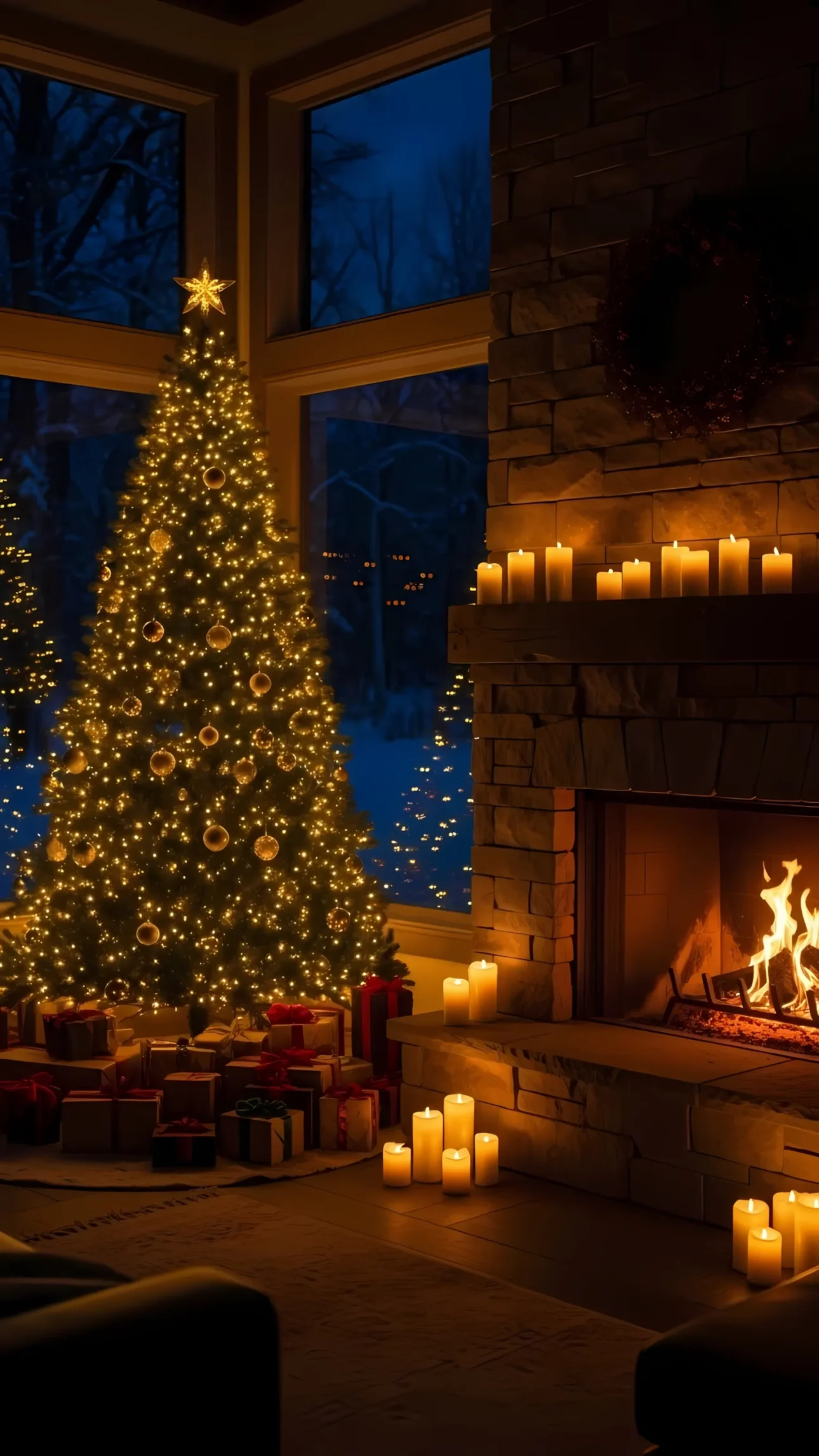 Create a warm holiday atmosphere with this cozy fireplace and Christmas tree scene, ideal for festive designs and nostalgic projects. Ready for commercial use.