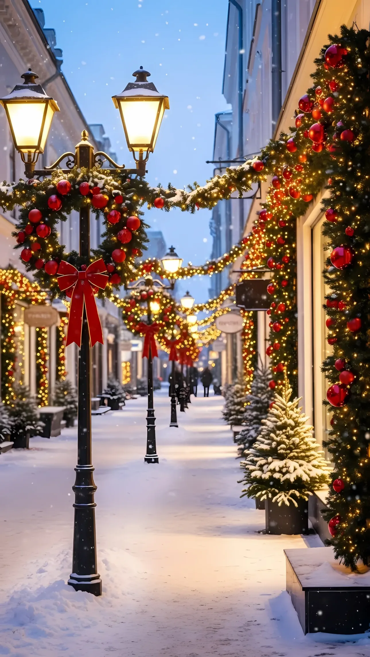 Elevate your holiday designs with this festive street scene featuring Christmas decorations and snow. Perfect for winter promotions and seasonal campaigns.