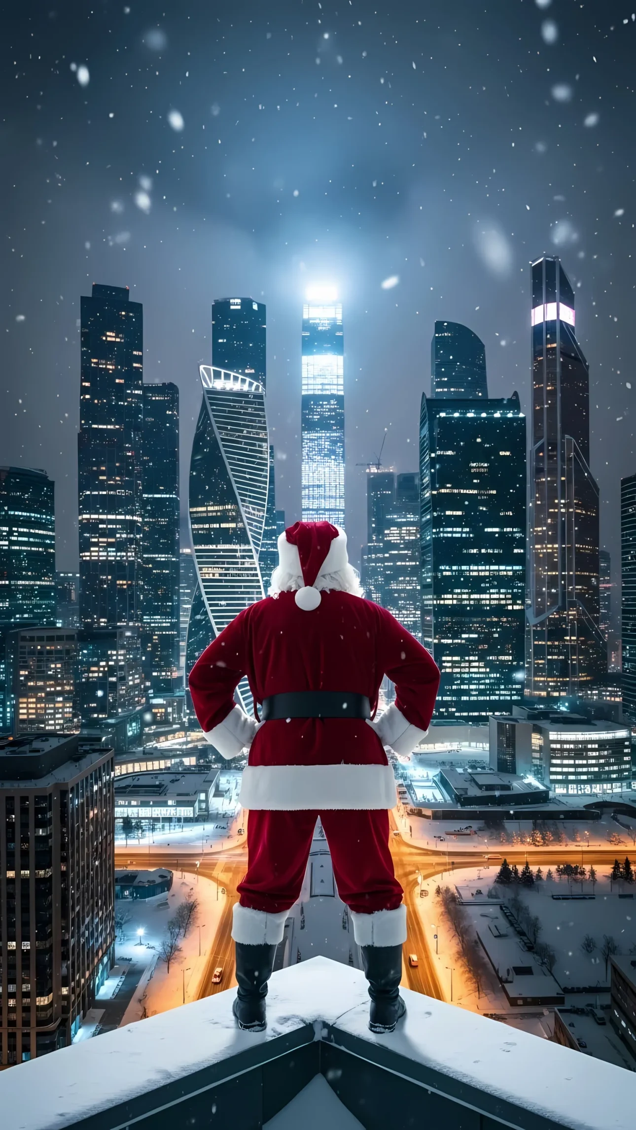 Elevate your holiday projects with this striking image of Santa overlooking a modern city in winter. Perfect for festive campaigns and seasonal designs.