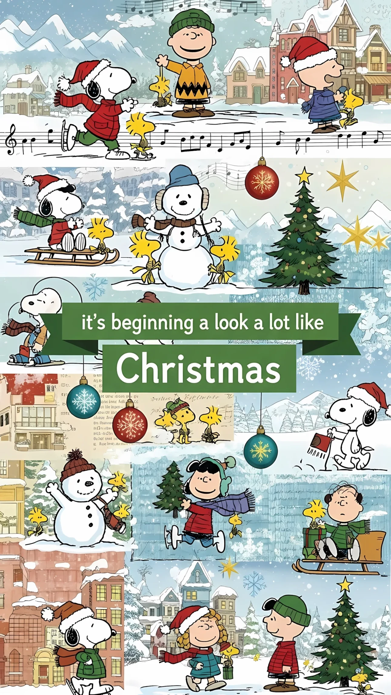 Delight in this festive Peanuts illustration, featuring Snoopy and friends enjoying winter activities. Perfect for holiday cards and seasonal designs.