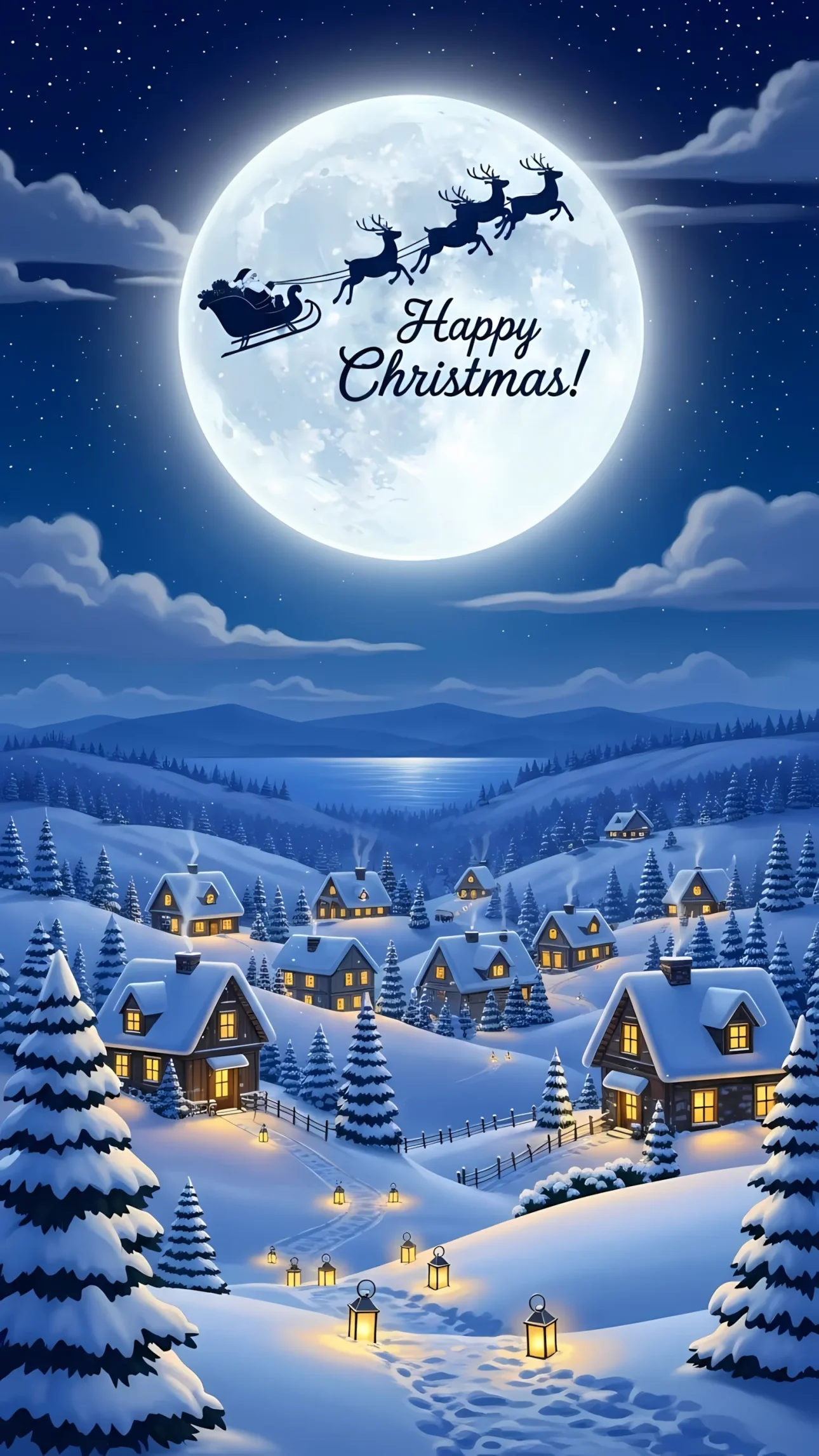 Enhance your holiday designs with this charming winter scene featuring Santa's sleigh and a snow-covered village. Perfect for seasonal greeting cards and festive promotions.