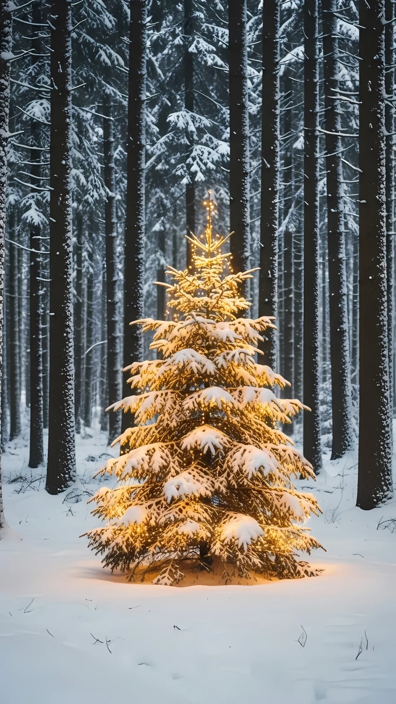 Elevate your holiday designs with this stunning Christmas tree illustration, glowing warmly against a snowy forest backdrop. Perfect for seasonal campaigns and festive projects.