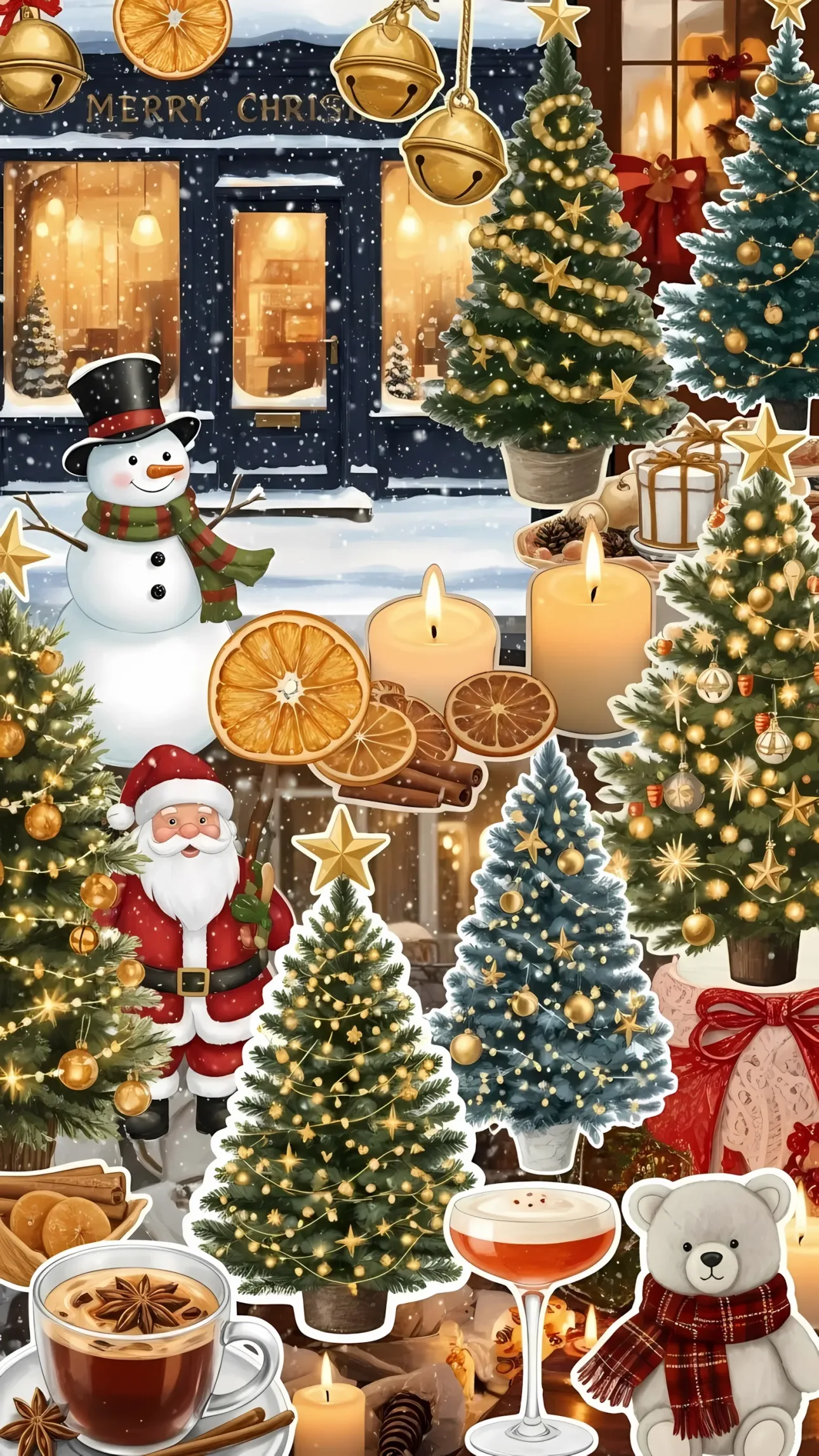 Elevate your holiday designs with this festive Christmas collage featuring Santa, decorated trees, and cozy winter elements. Perfect for premium seasonal projects.