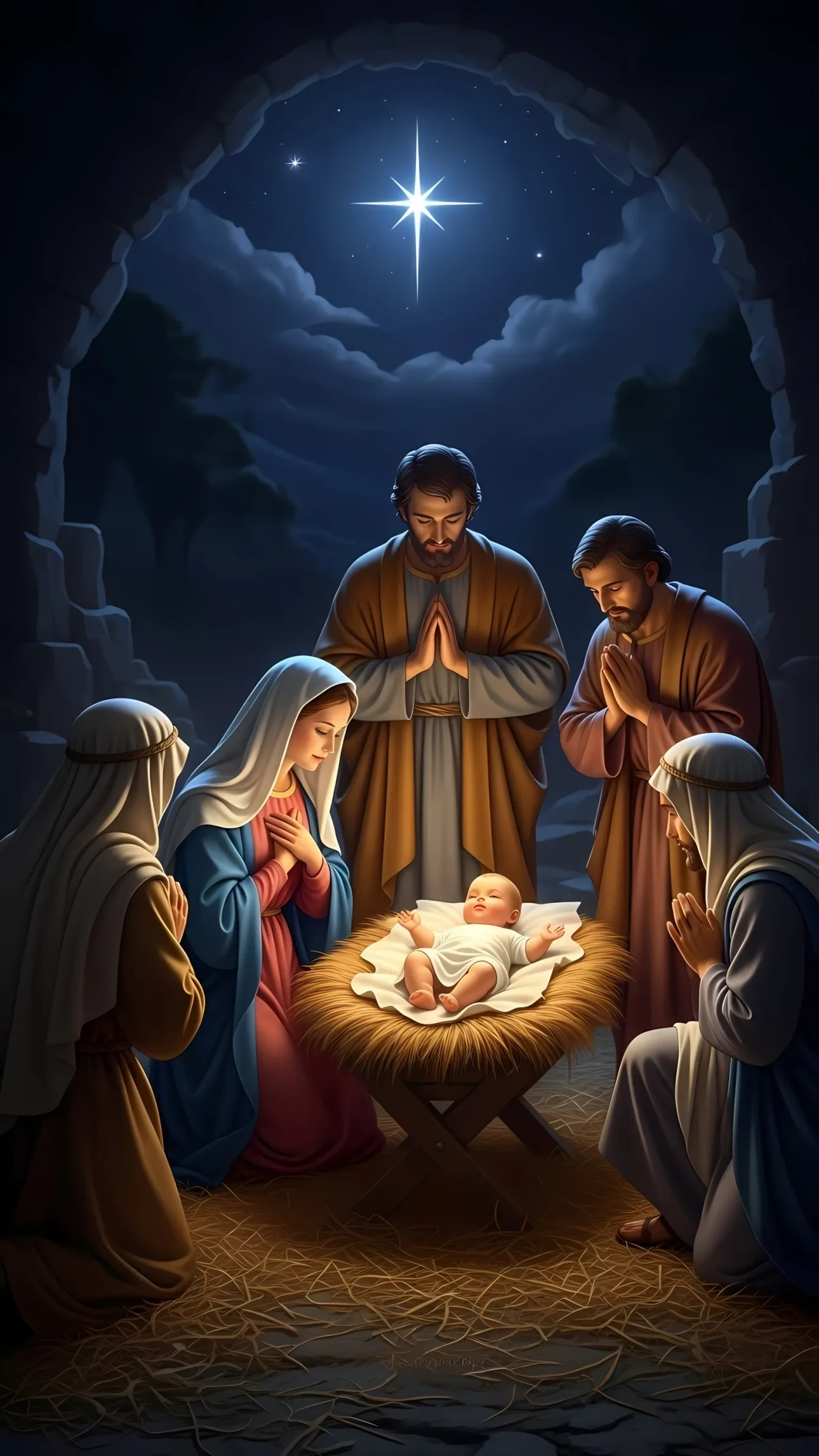 Celebrate the timeless Nativity scene with this evocative image featuring Baby Jesus. Perfect for Christmas cards and religious projects, ready for immediate use.