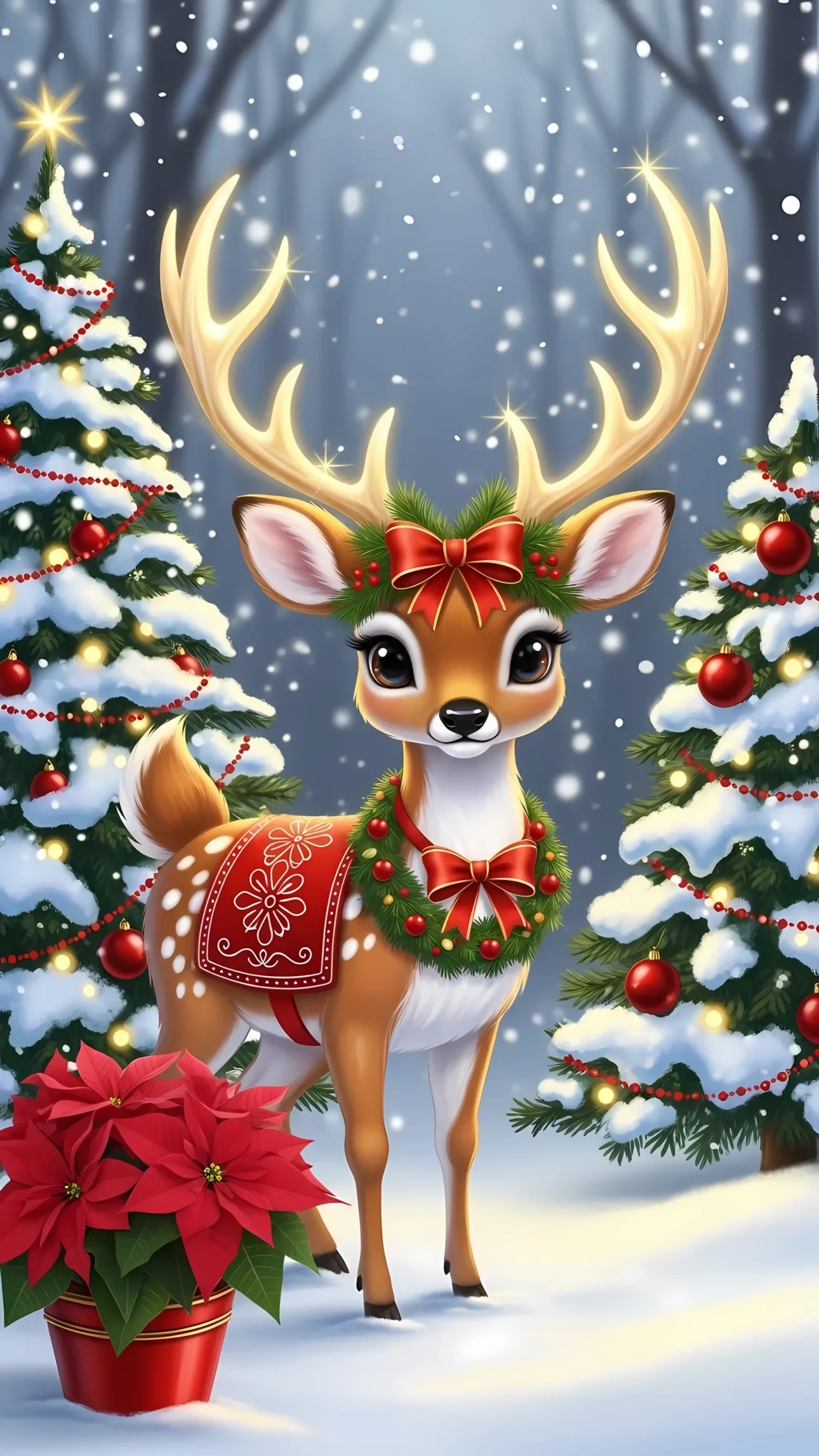 Enhance your holiday designs with this charming deer illustration featuring festive decorations. Perfect for seasonal cards and winter-themed projects.