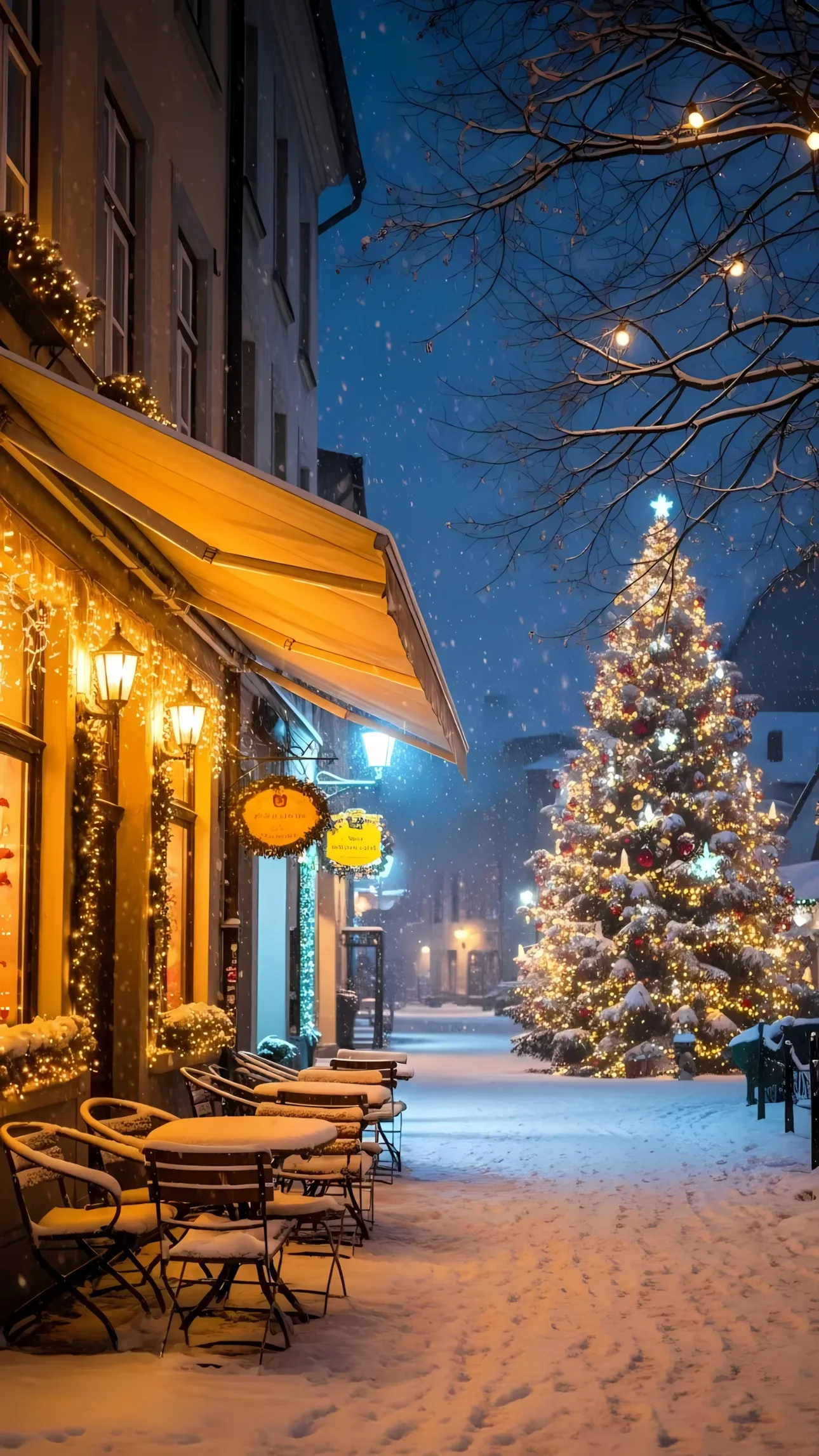 Elevate your holiday designs with this charming winter scene featuring a snow-covered cafe and a brightly lit Christmas tree. Perfect for seasonal marketing.