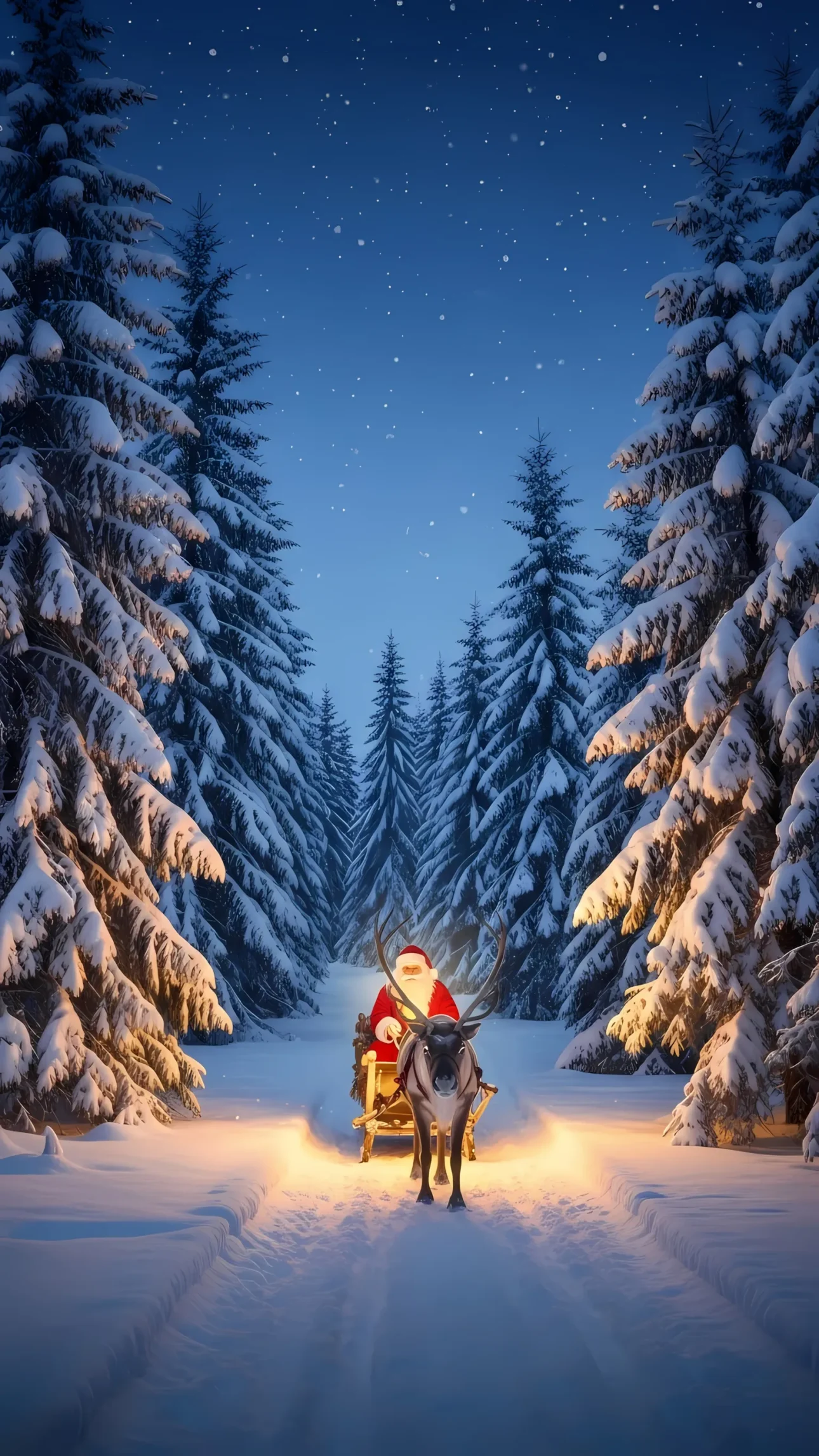 Enchant your audience with this festive scene of Santa's sleigh ride through a winter wonderland. Perfect for holiday cards and seasonal promotions.