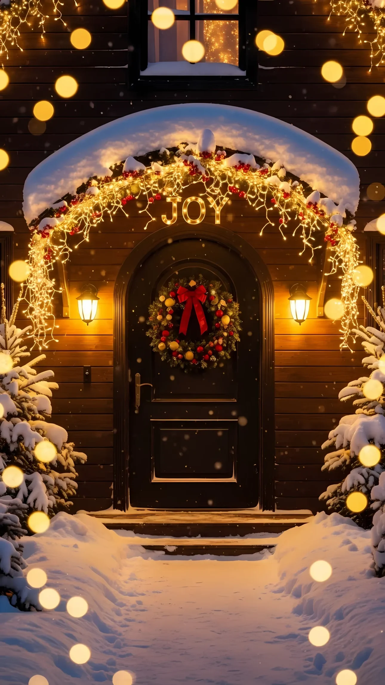 Elevate your holiday designs with this cozy home entrance featuring a festive wreath and snow. Perfect for seasonal greeting cards and winter promotions.