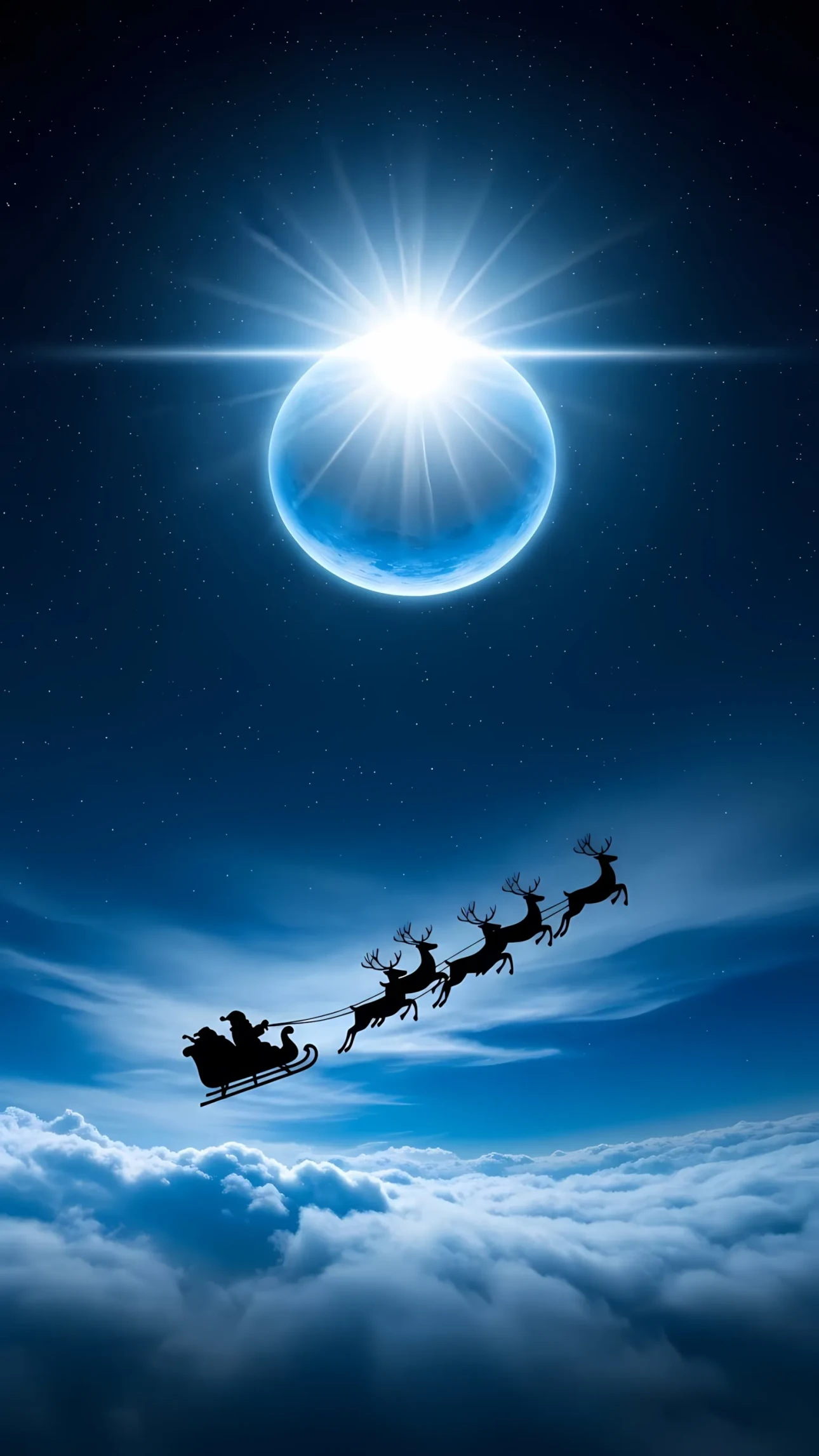 Elevate your holiday designs with this silhouette of Santa's sleigh featuring reindeer, set against a luminous moonlit sky. Perfect for festive season projects.