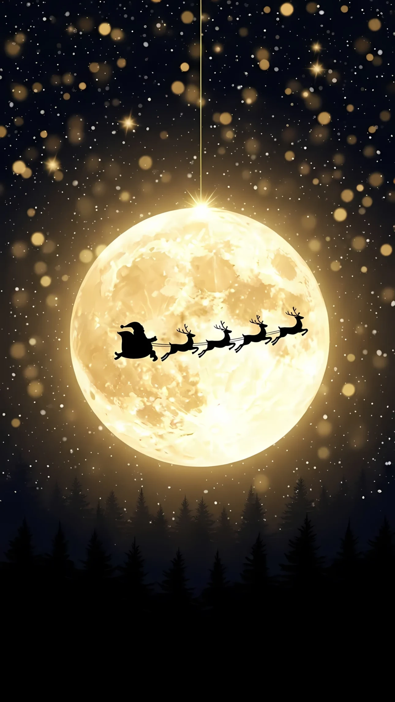 Elevate your holiday designs with this silhouette of Santa and his reindeer flying across a luminous moon. Perfect for festive greeting cards and winter promotions.
