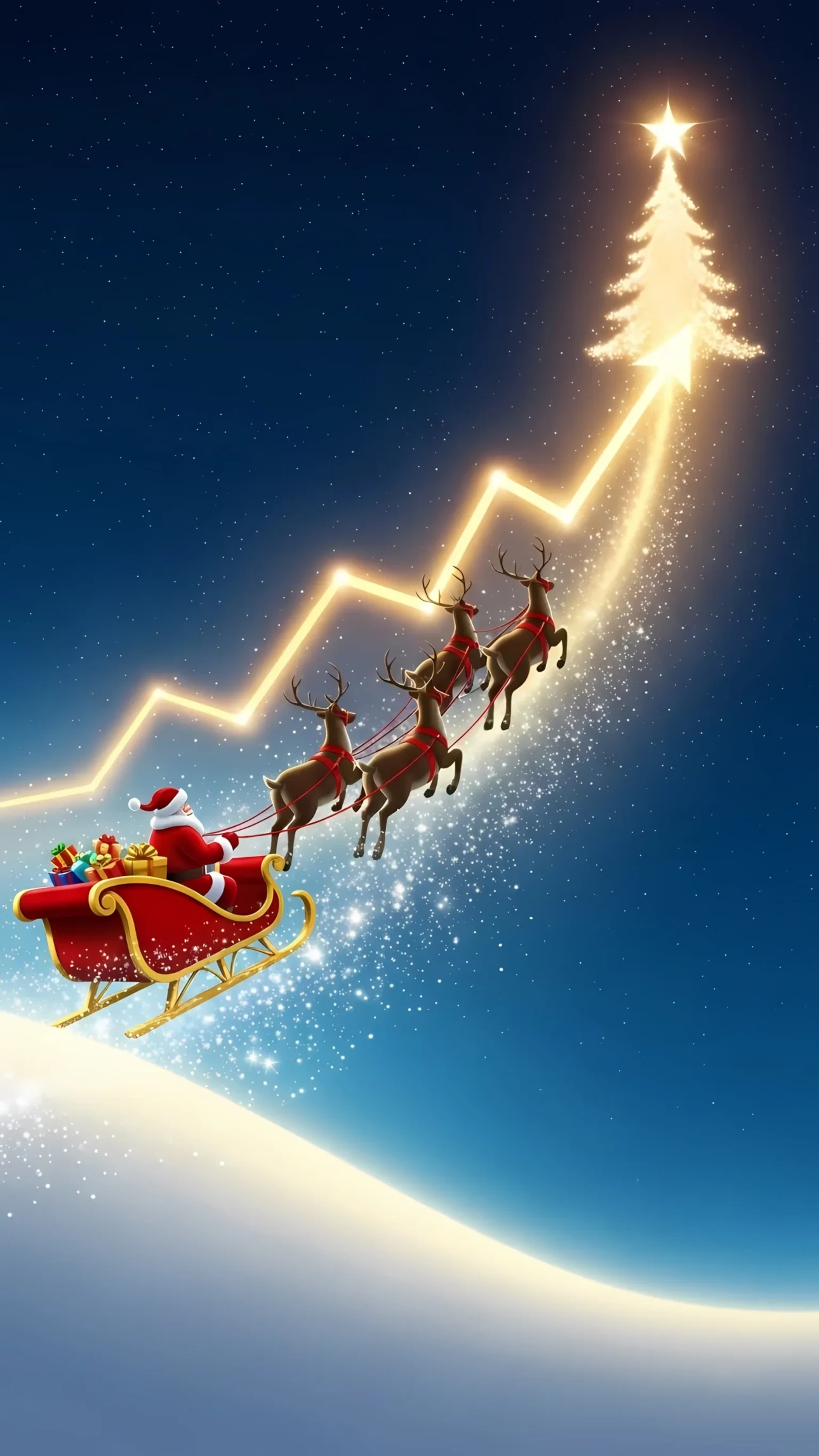 Elevate your holiday designs with this Santa and reindeer illustration, soaring towards a Christmas tree star. Perfect for festive marketing campaigns and seasonal greetings.