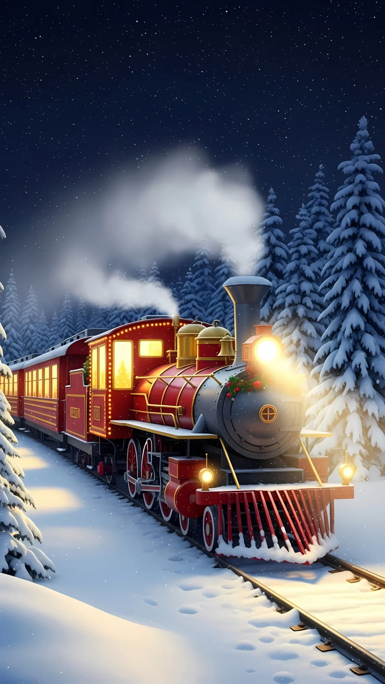 Evoke holiday magic with this charming Christmas train illustration amidst a snowy landscape. Ideal for festive designs and seasonal projects, ready for commercial use.