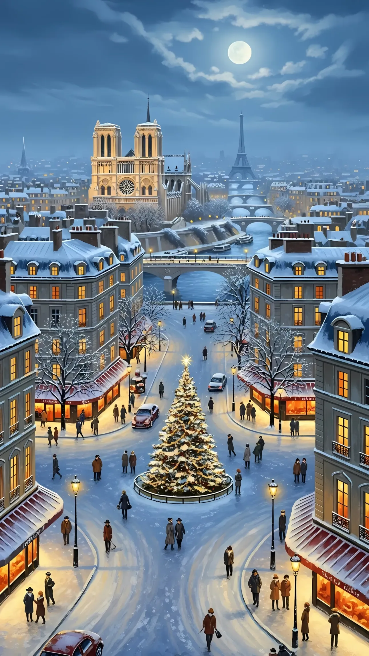 Elevate your designs with this charming Paris winter scene featuring a Christmas tree. A premium digital asset perfect for holiday-themed projects.