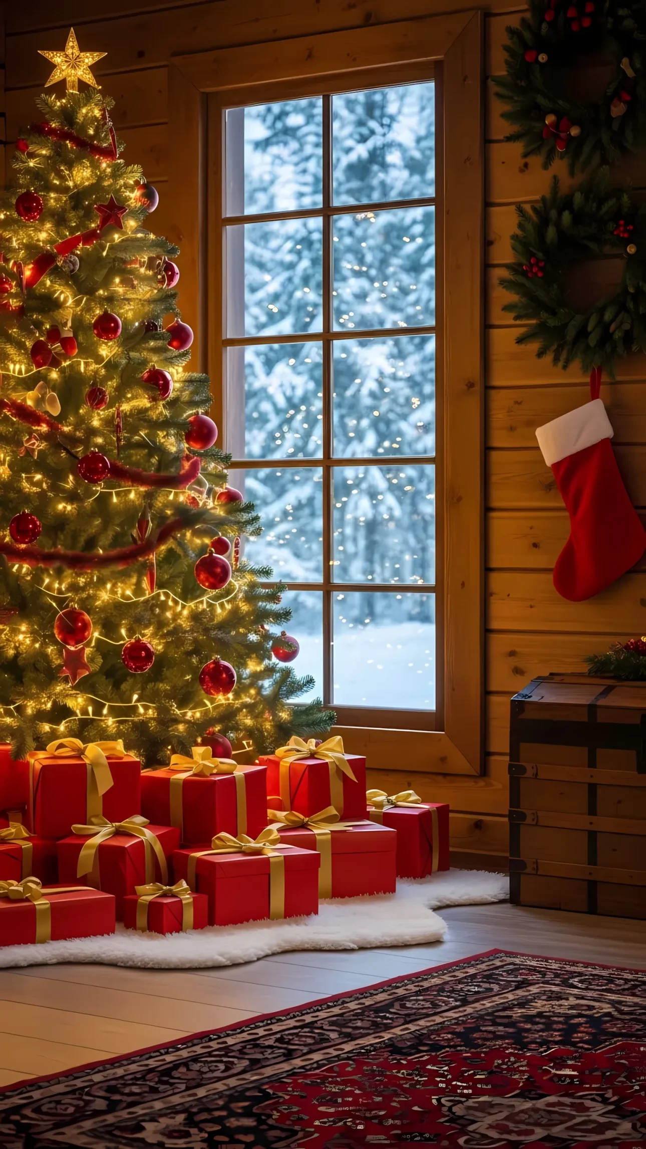 Elevate your holiday designs with this Christmas scene featuring a decorated tree and gifts. Perfect for seasonal greeting cards and festive promotions.