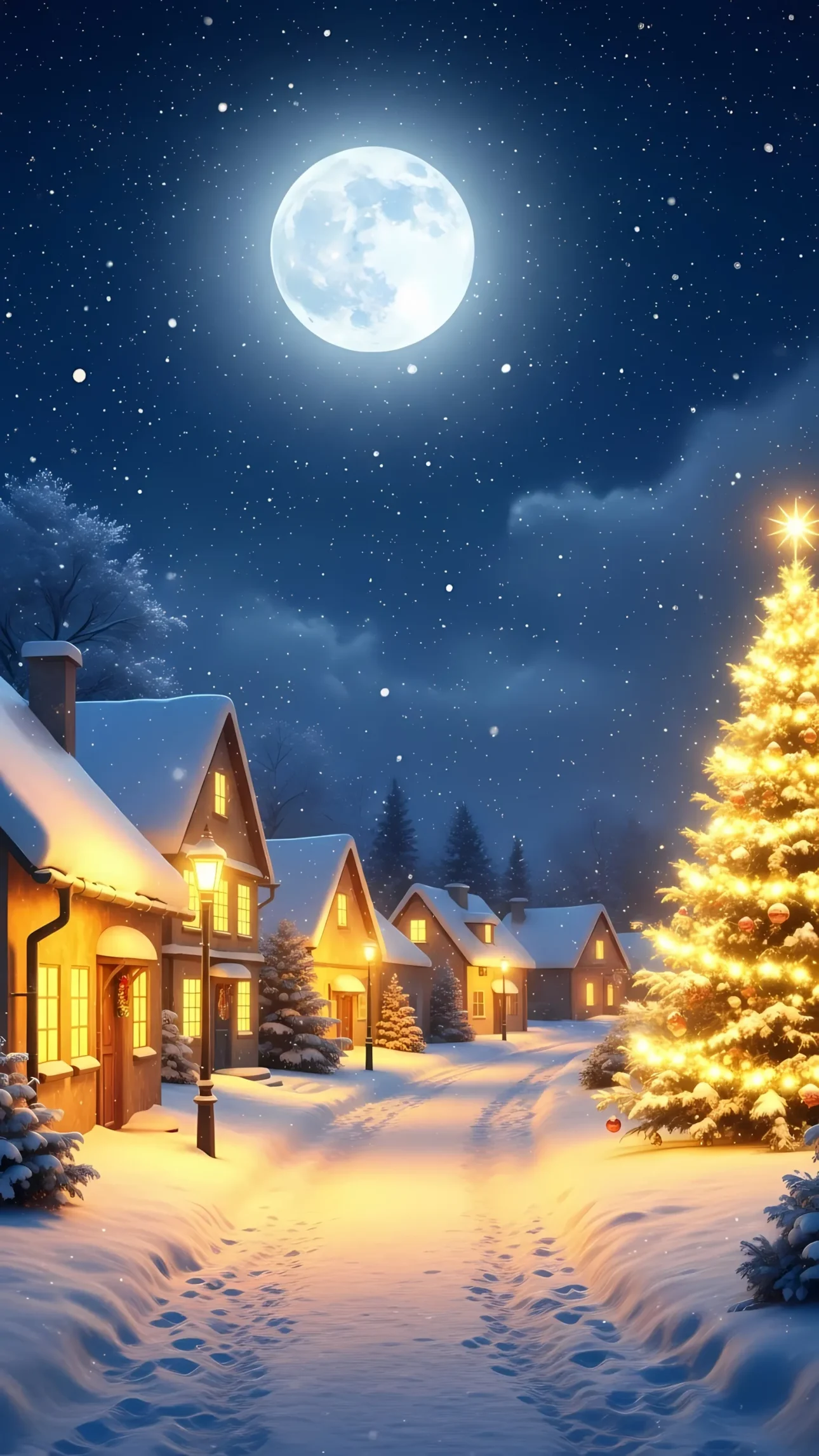 Enhance your holiday designs with this charming winter village scene, featuring a brightly lit Christmas tree and a serene, moonlit atmosphere. Perfect for seasonal campaigns.
