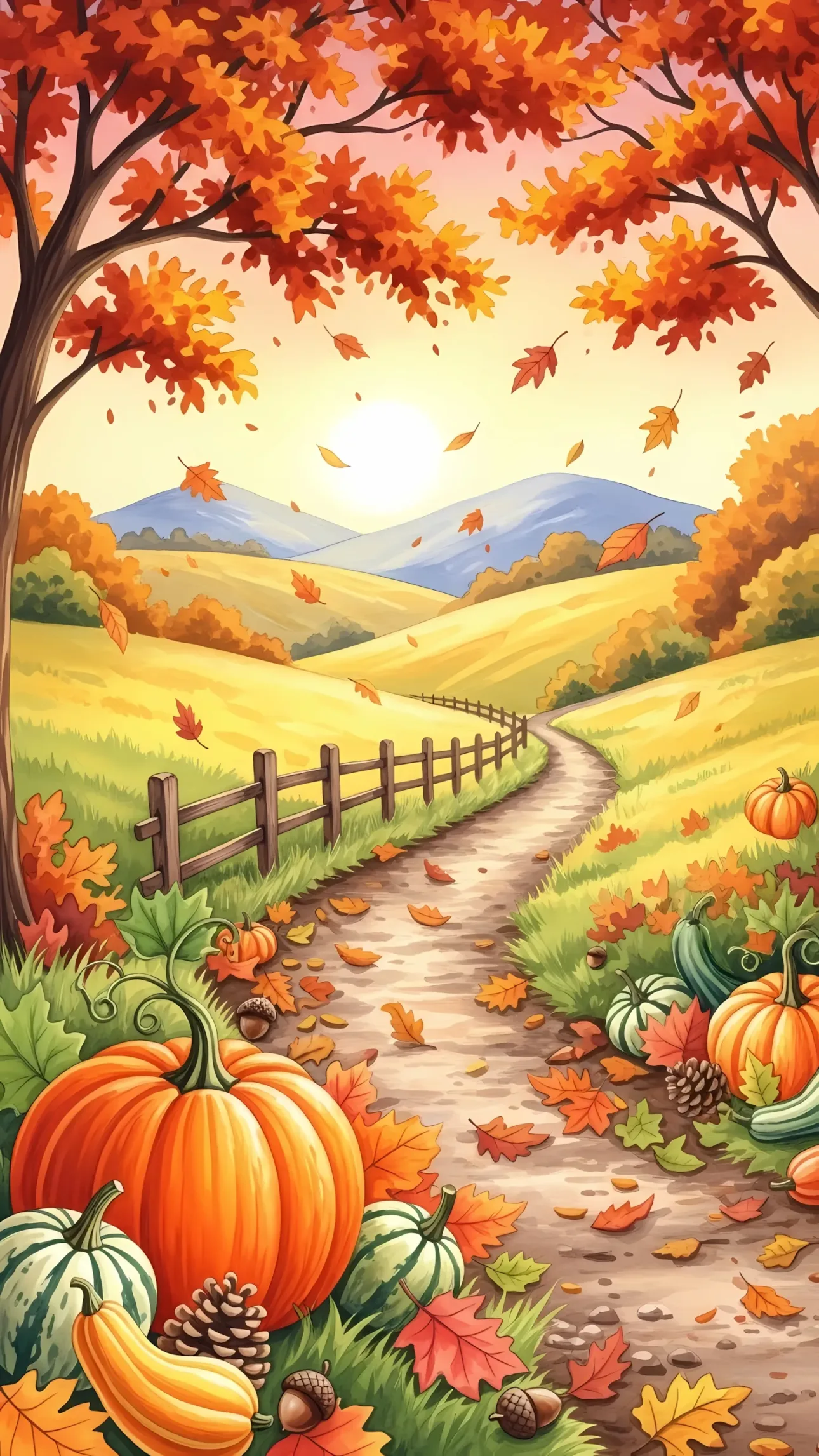 Elevate your designs with this charming autumn landscape featuring pumpkins and falling leaves. Ideal for seasonal promotions and Thanksgiving projects.