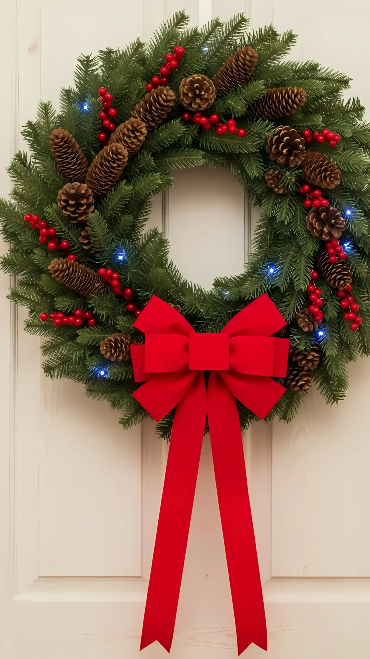 Enhance your holiday designs with this festive Christmas wreath featuring pinecones and a vibrant red bow. Perfect for seasonal cards and winter promotions.